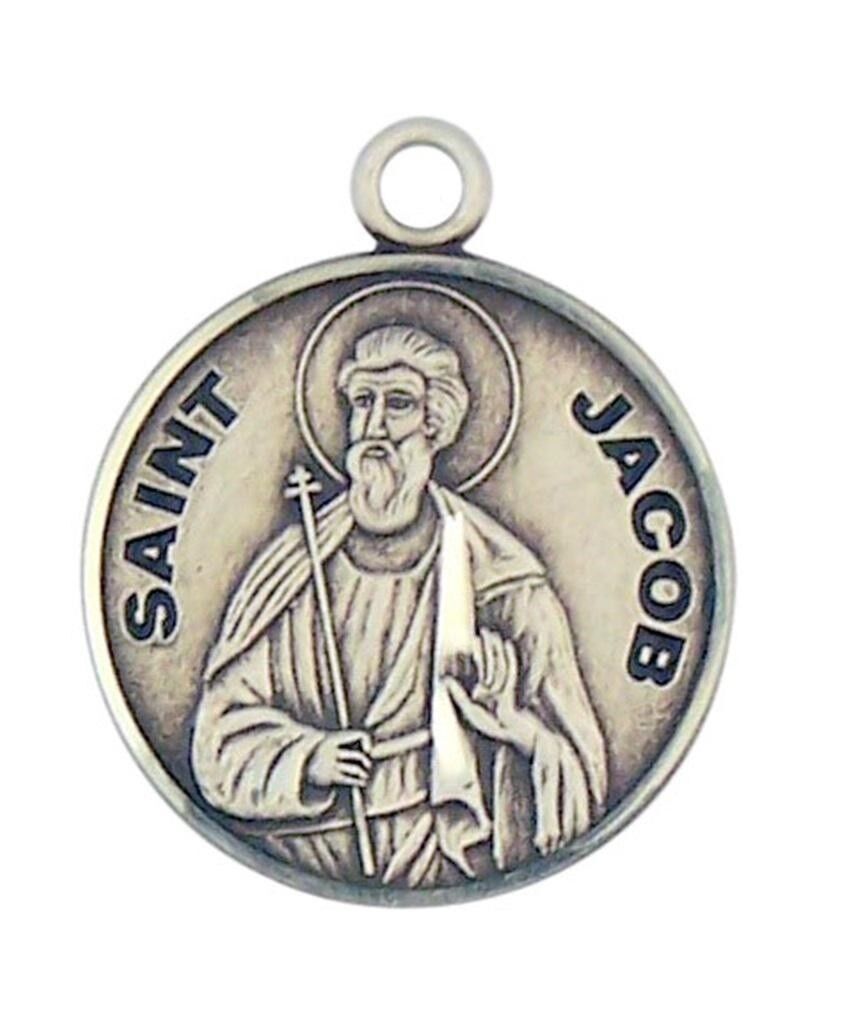 Patron Saint St Jacob 7/8 Inch Sterling Silver Medal on Rhodium Plated Chain