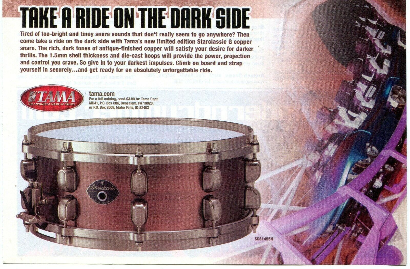 2004 small Print Ad of Tama Starclassic G Copper Snare Drum roller coaster