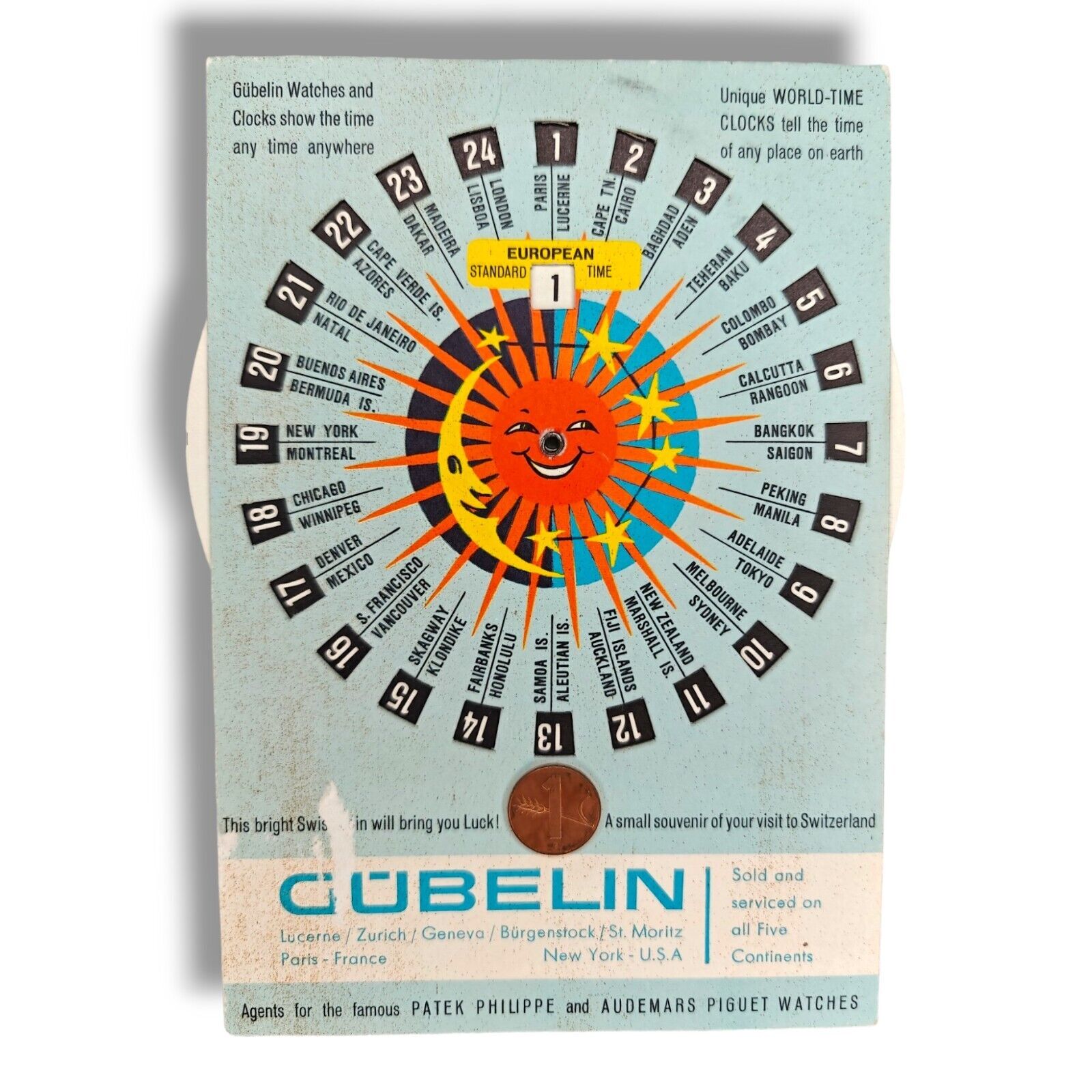 Vintage Gubelin Slide Rule Souvenir Coin Worldwide Time Card Clock Advertising 
