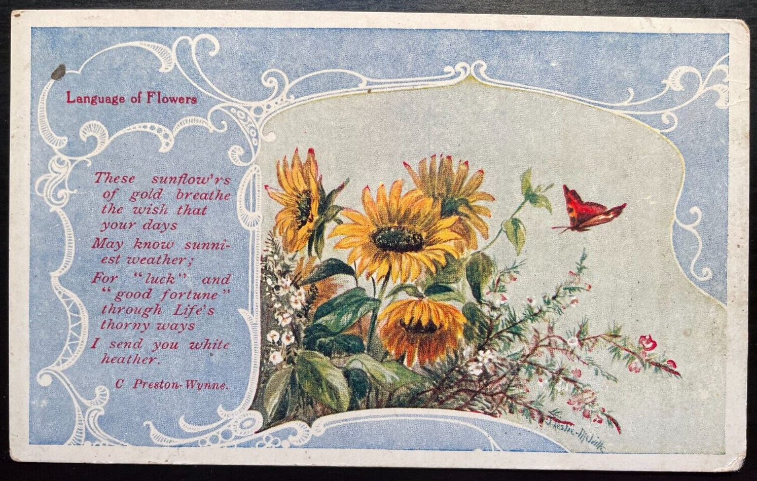 Vintage Victorian Postcard 1908 Language of Flowers - Bouquet of Sunflowers