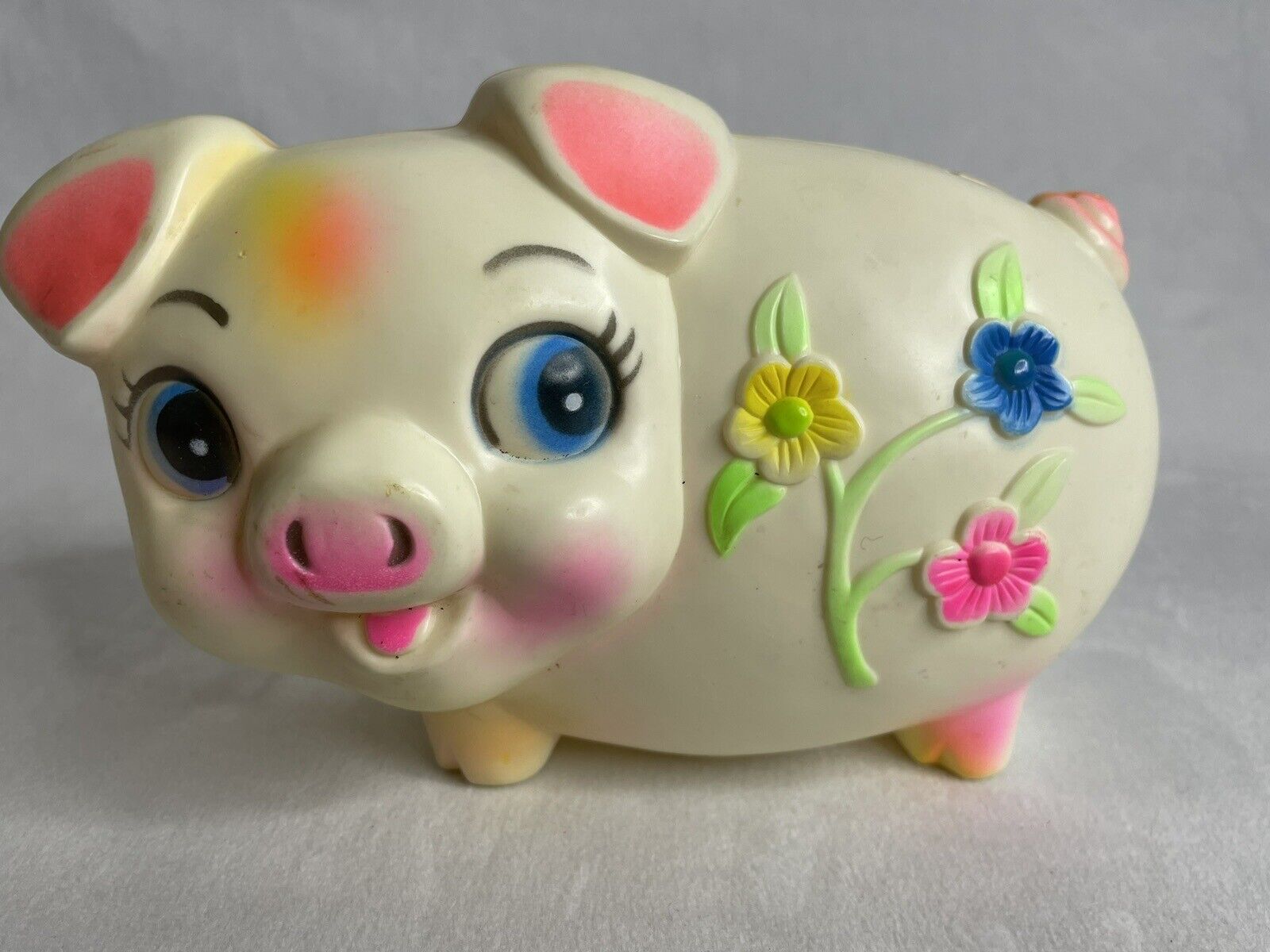 Vintage Plastic 1977 Piggy Bank From Sanitoy Flowers White Yellow Blue Pink