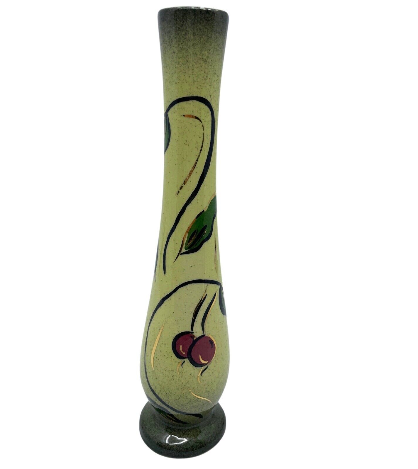 Vintage MCM Re-go Avocado Green Speckled Ceramic Floral Bud Vase Gold Accents