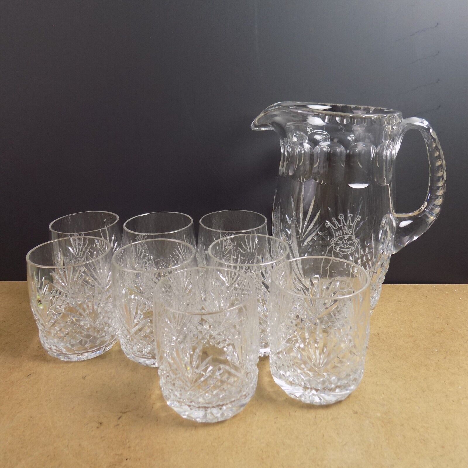 Billiken Mirth is King Royal Order of Jesters Etched Glass Pitcher & Tumblers