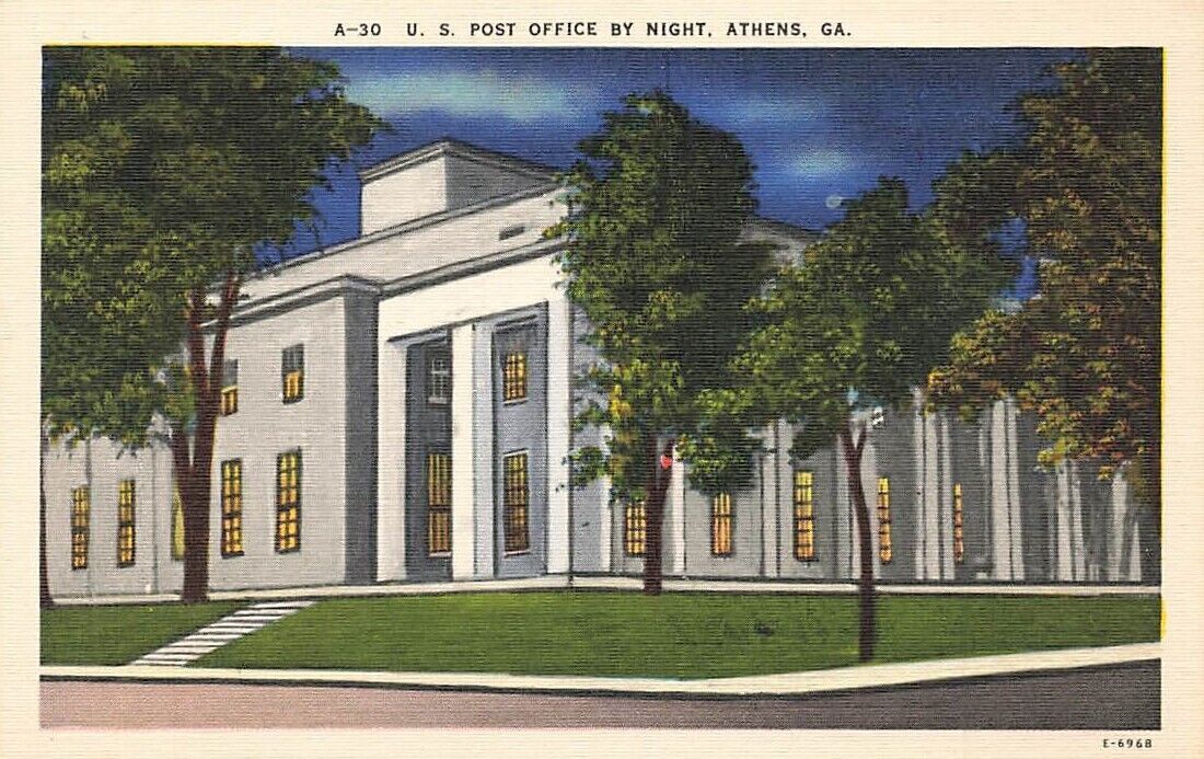 c1930s-40s US Post Office At Night Athens GA P406