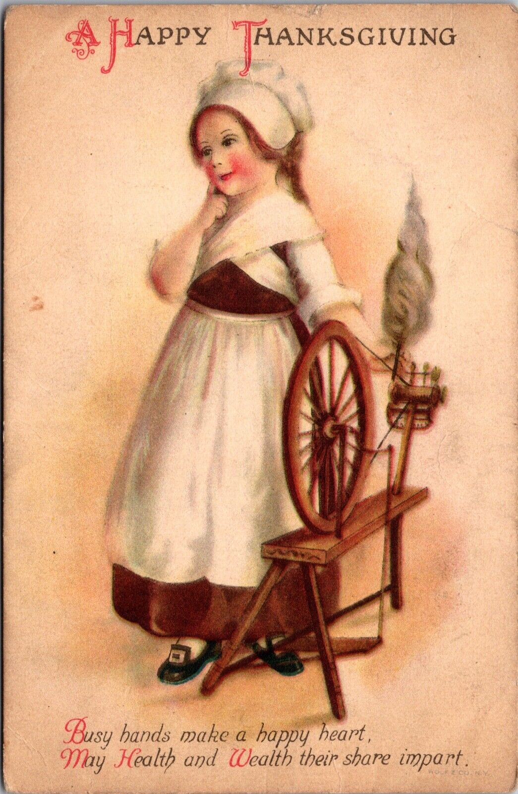 Clapsaddle Thanksgiving Postcard Little Girl with Spinning Wheel