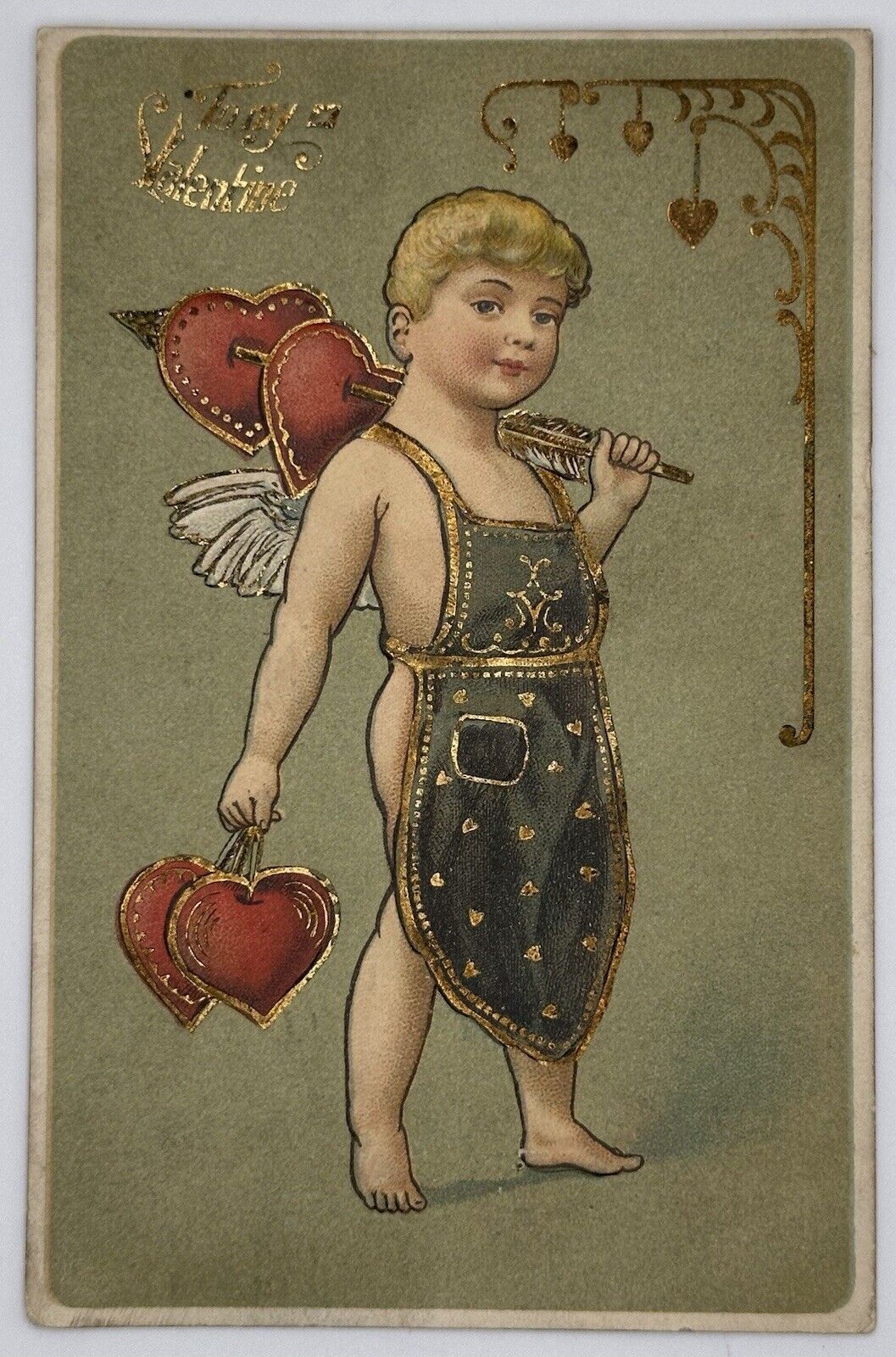 1907-1915 To My Valentine Postcard Cupid W/ Green Apron & Heart Arrows 