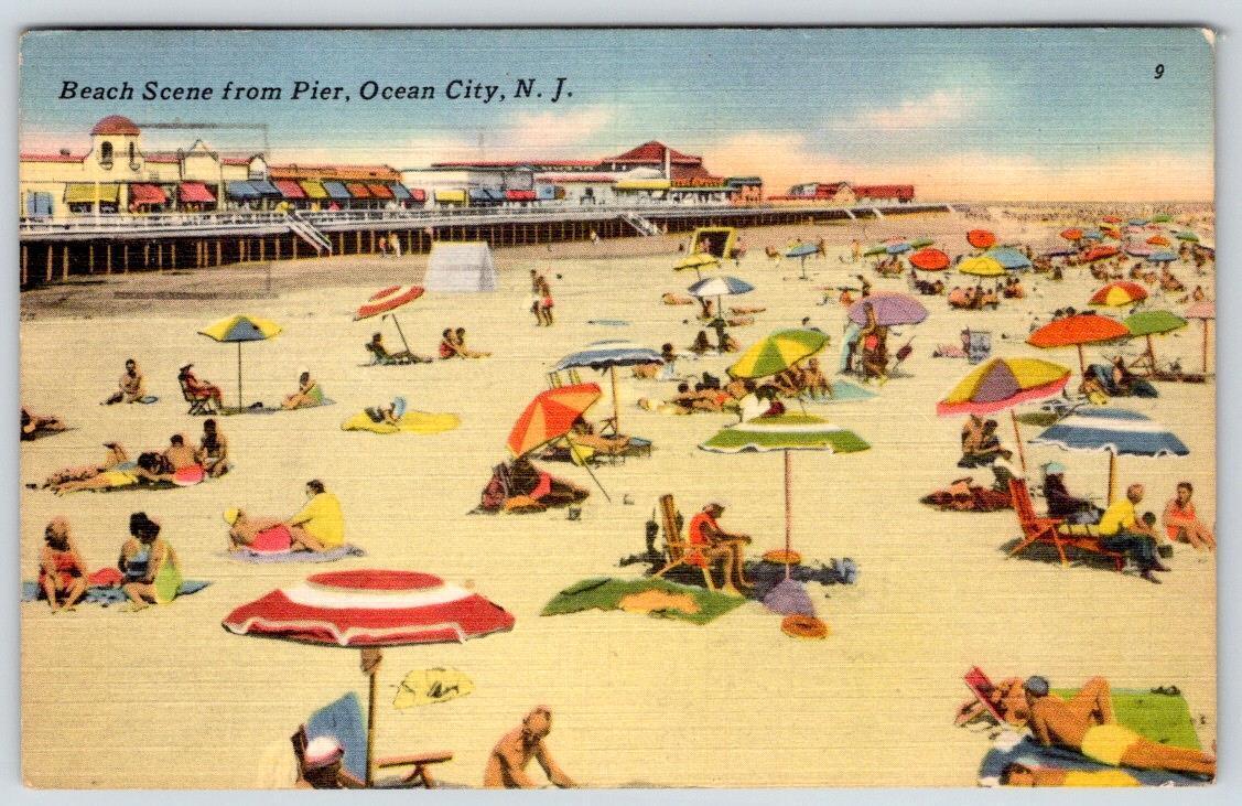 1959 OCEAN CITY NJ BEACH SCENE FROM PIER BOARDWALK VINTAGE LINEN POSTCARD
