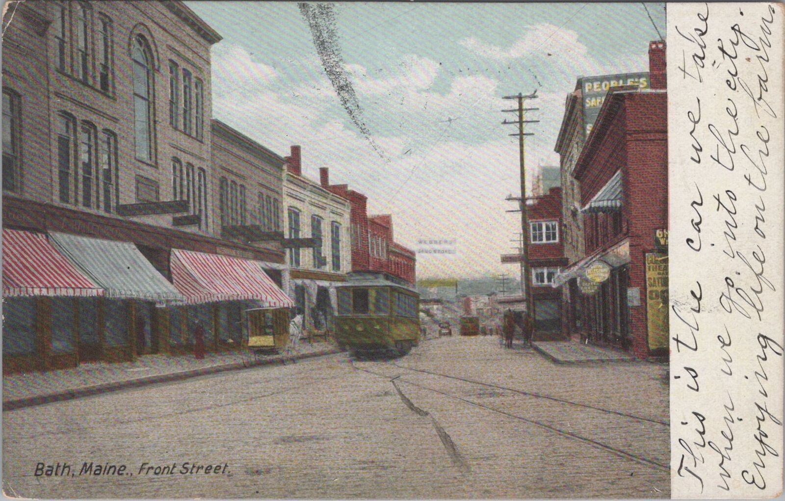Front Street Bath Maine Trolley Street View 1909 Postcard