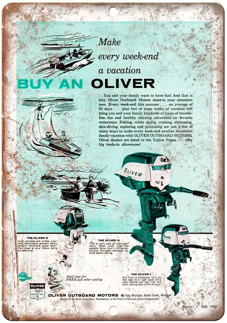 1957 Oliver Outboard Motor Vintage Boat Ad Reproduction Metal Sign L75