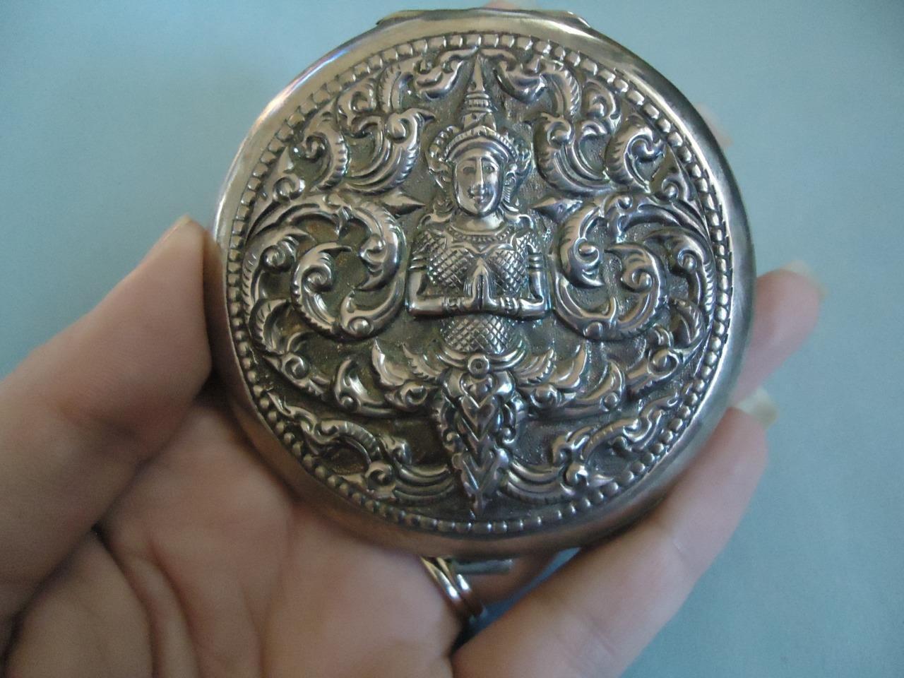 STUNNING VINTAGE STERLING SILVER SIAM DANCING GODDESS COMPACT WITH MIRROR