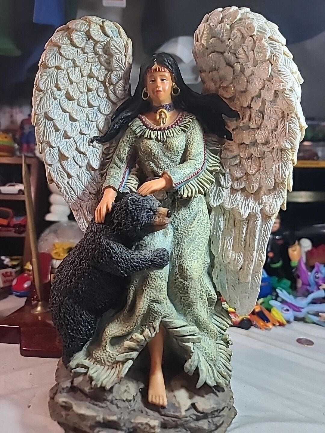 12 Inch Native American Bear Spirit And Angel Wings Ceramic Statue Figurine Rare