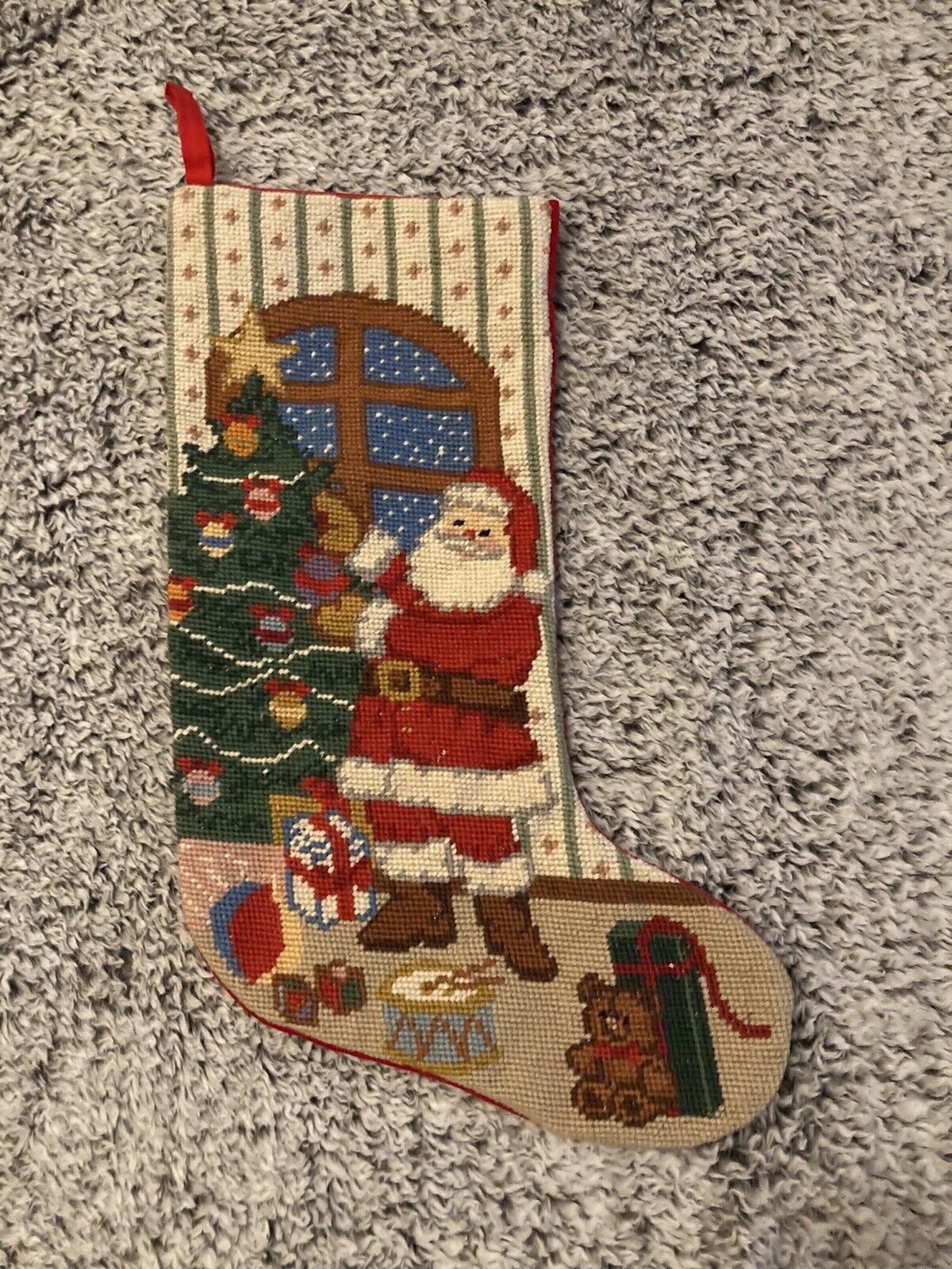 Vintage Dillard’s Christmas Stocking Needlepoint Velour Santa Wool and Cotton