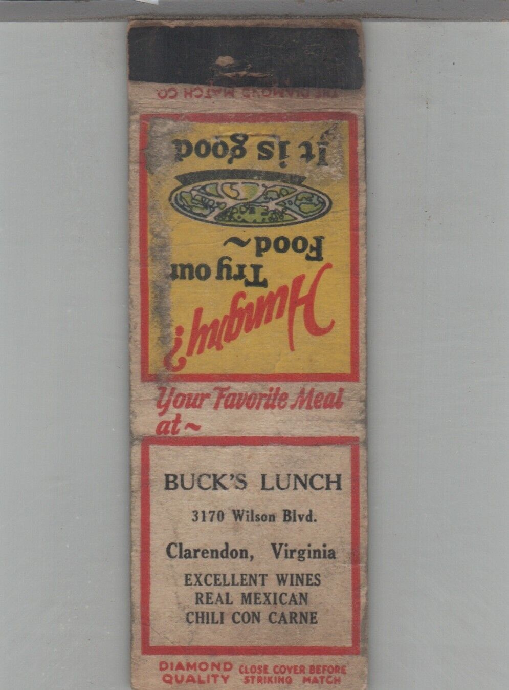 Matchbook Cover 1930s Diamond Quality Buck's Lunch Clarendon, VA
