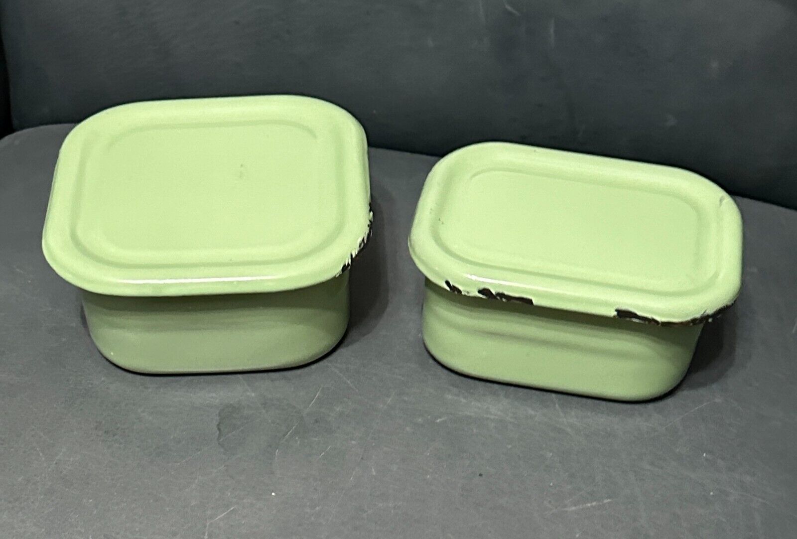 Vintage Green/Jadeite 1930-40\'s Enamelware Refrigerator Box w Lid Set/2  RARE