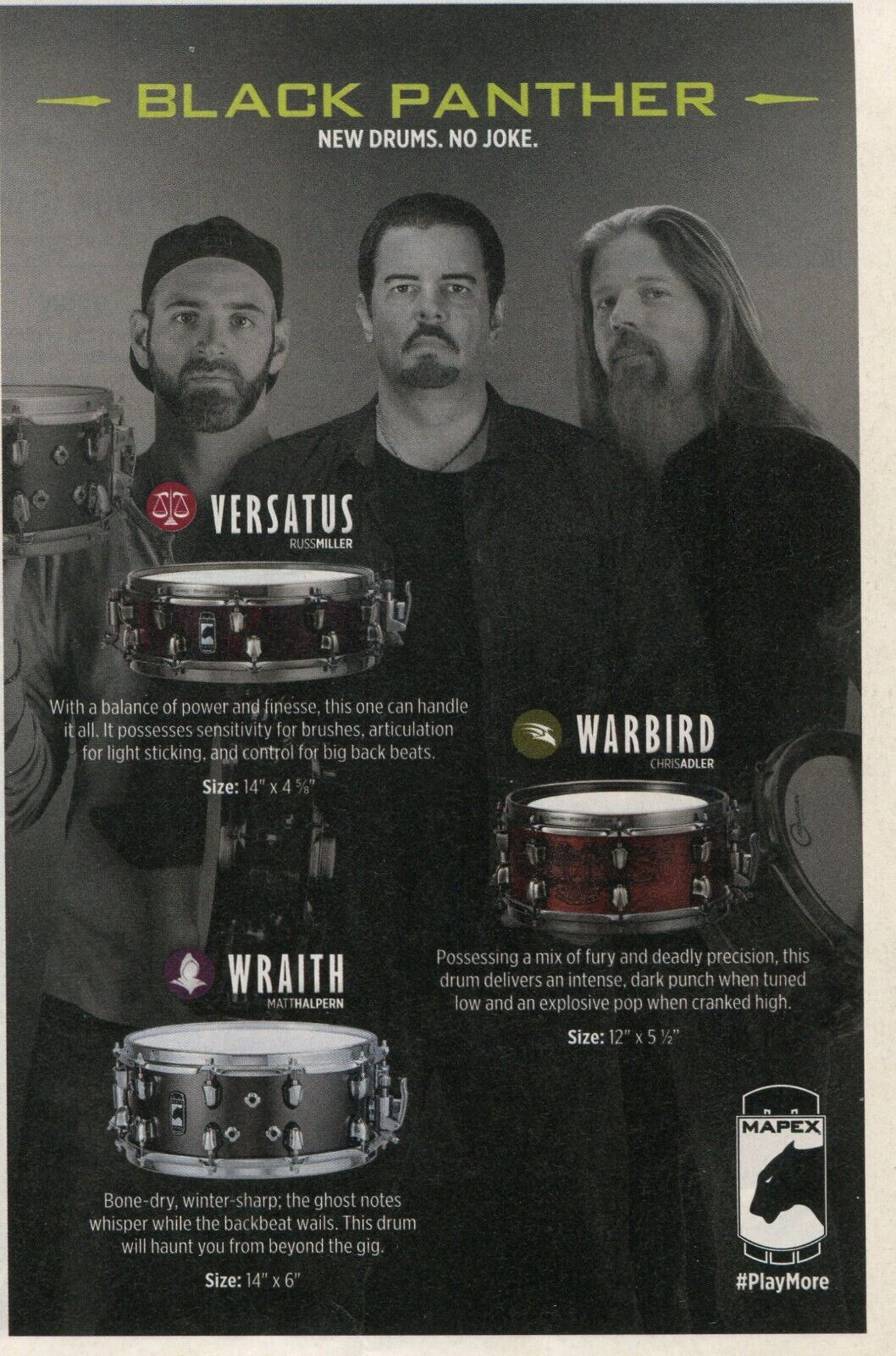 2015 small Print Ad of Mapex Snare Drums w Russ Miller Matt Halpern Chris Adler
