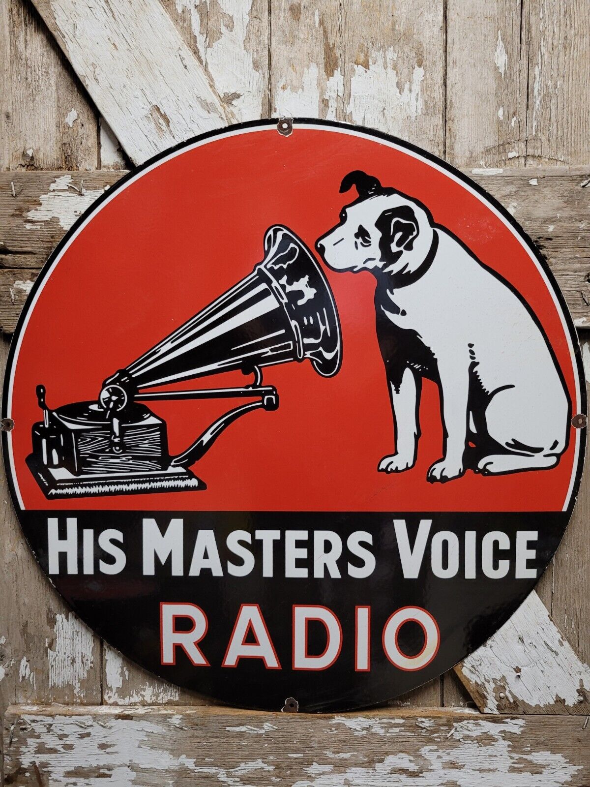 VINTAGE RCA VICTOR PORCELAIN SIGN HIS MASTERS VOICE NIPPER DOG VICTROLA RADIO 30