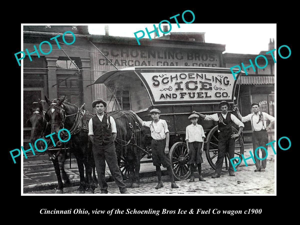 OLD LARGE HISTORIC PHOTO OF CINCINNATI OHIO SCHOENLING ICE & FUEL WAGON c1900