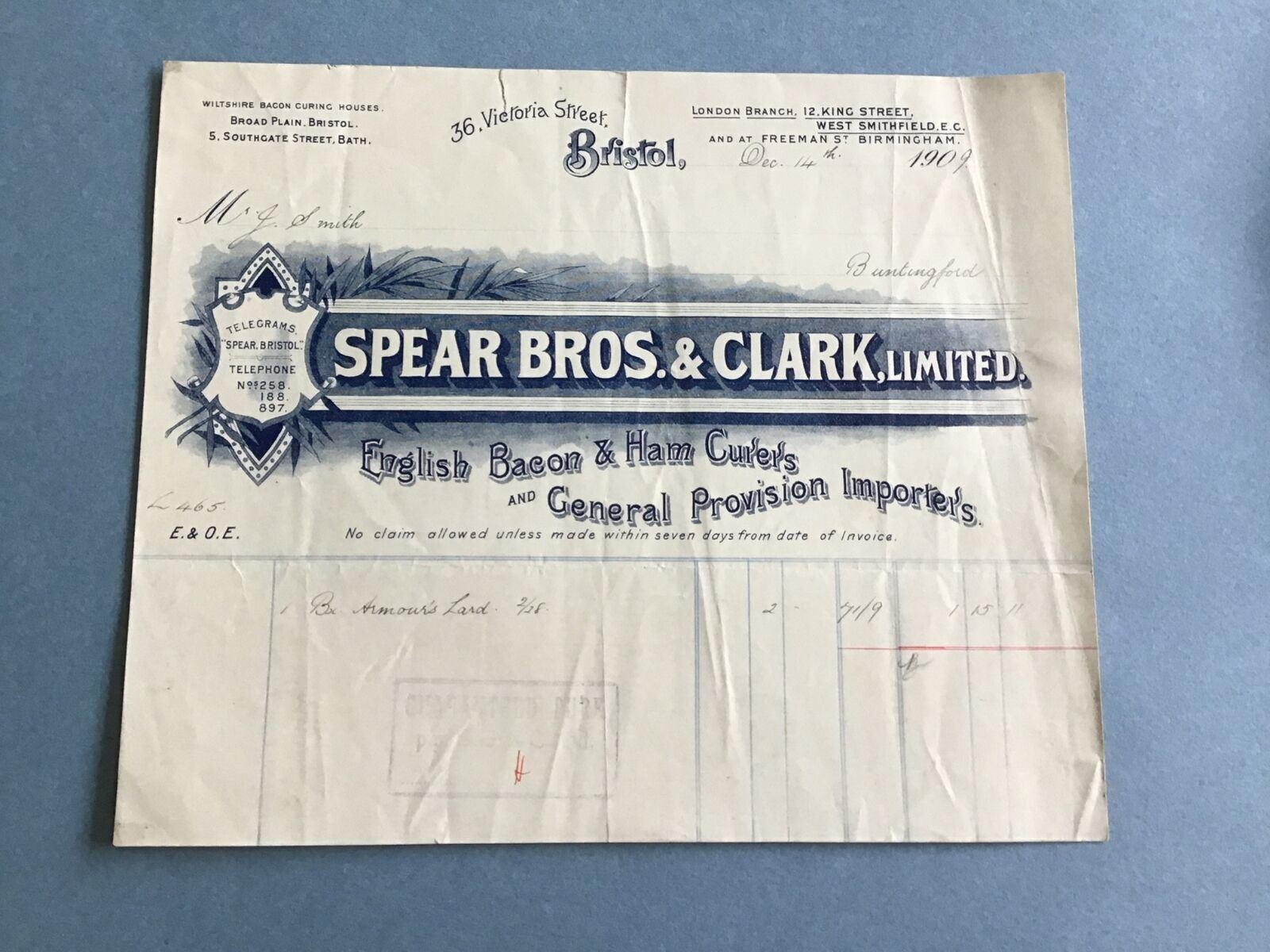 Spear Bros & Clark Ltd 1909 English Bacon & Ham Curers  Bristol receipt R34915