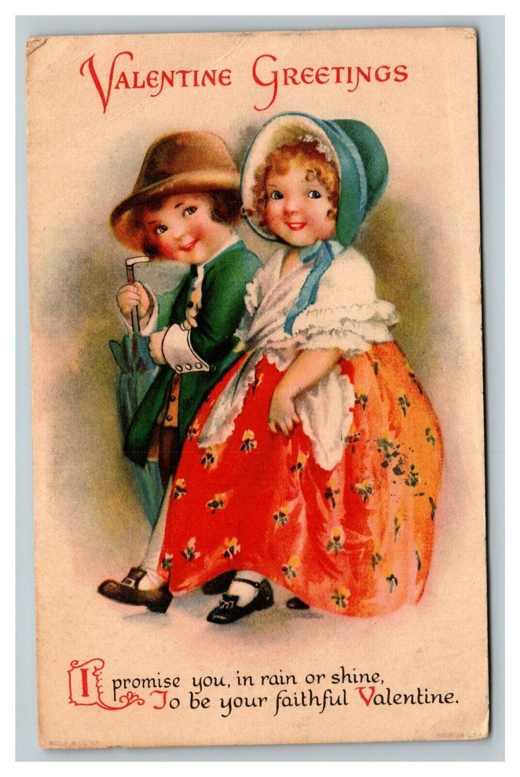 Vintage 1924 Wolf Publishing Valentines Postcard Cute Kids Blue Bonnet NICE