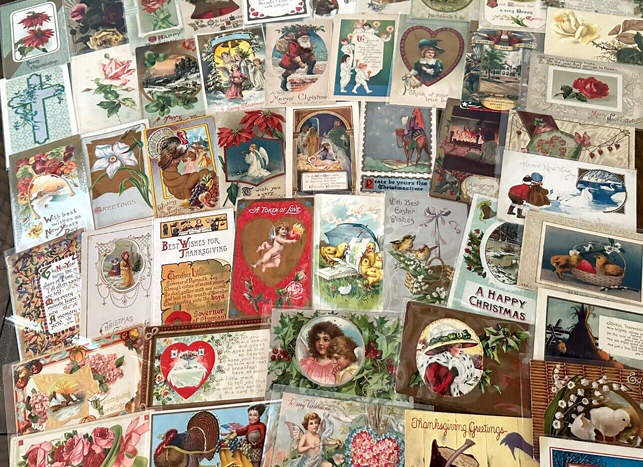 Nice Lot of 50~Mixed Vintage Antique Holidays Greeting Postcards~in sleeves-k652