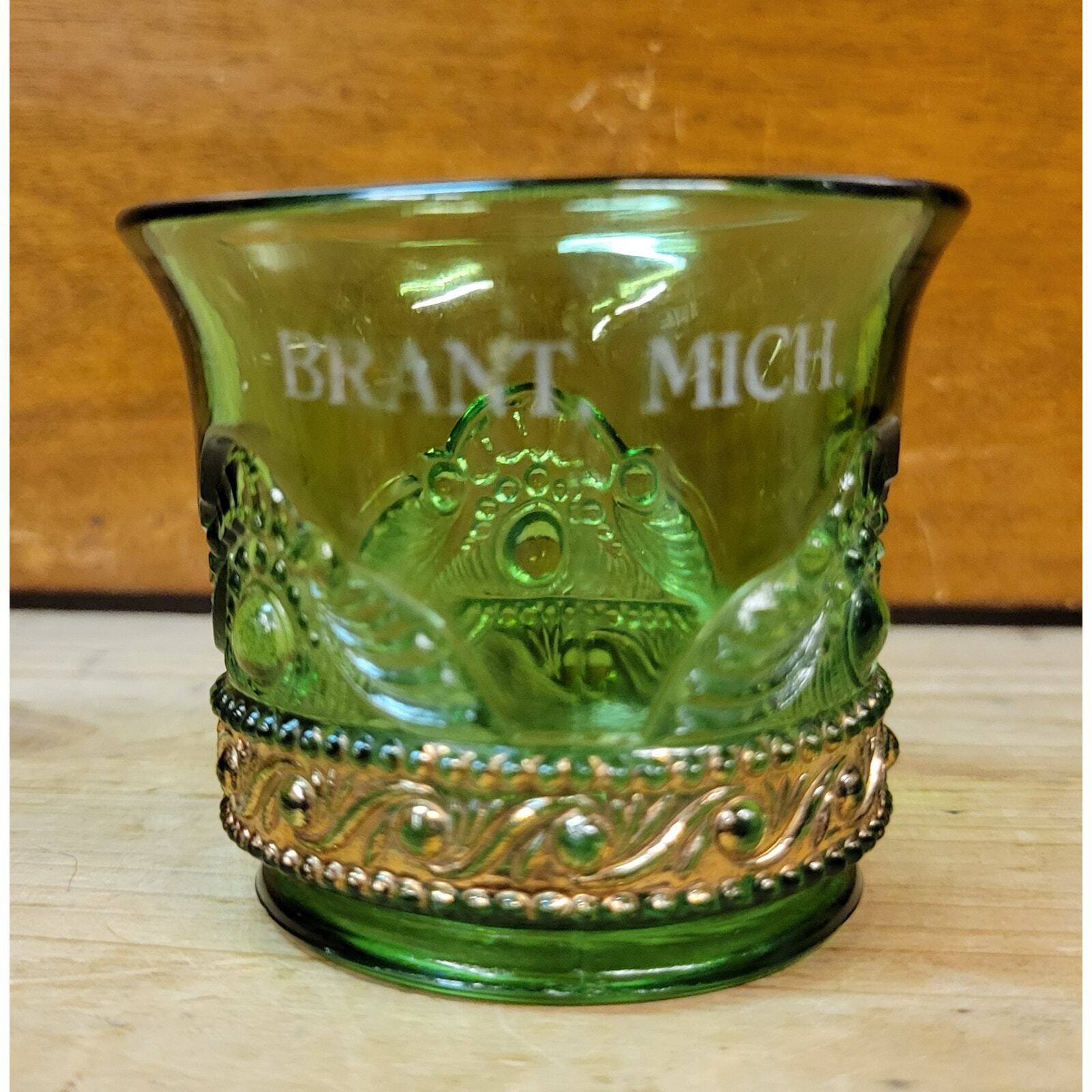 Antique EAPG Souvenir Tooth Pick Holder-Brant M.I. - Green,Jewel Medallion