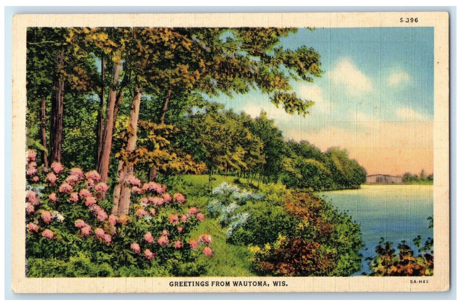 c1940 Greetings From Trees River Lake Flower Wautoma Wisconsin Vintage Postcard