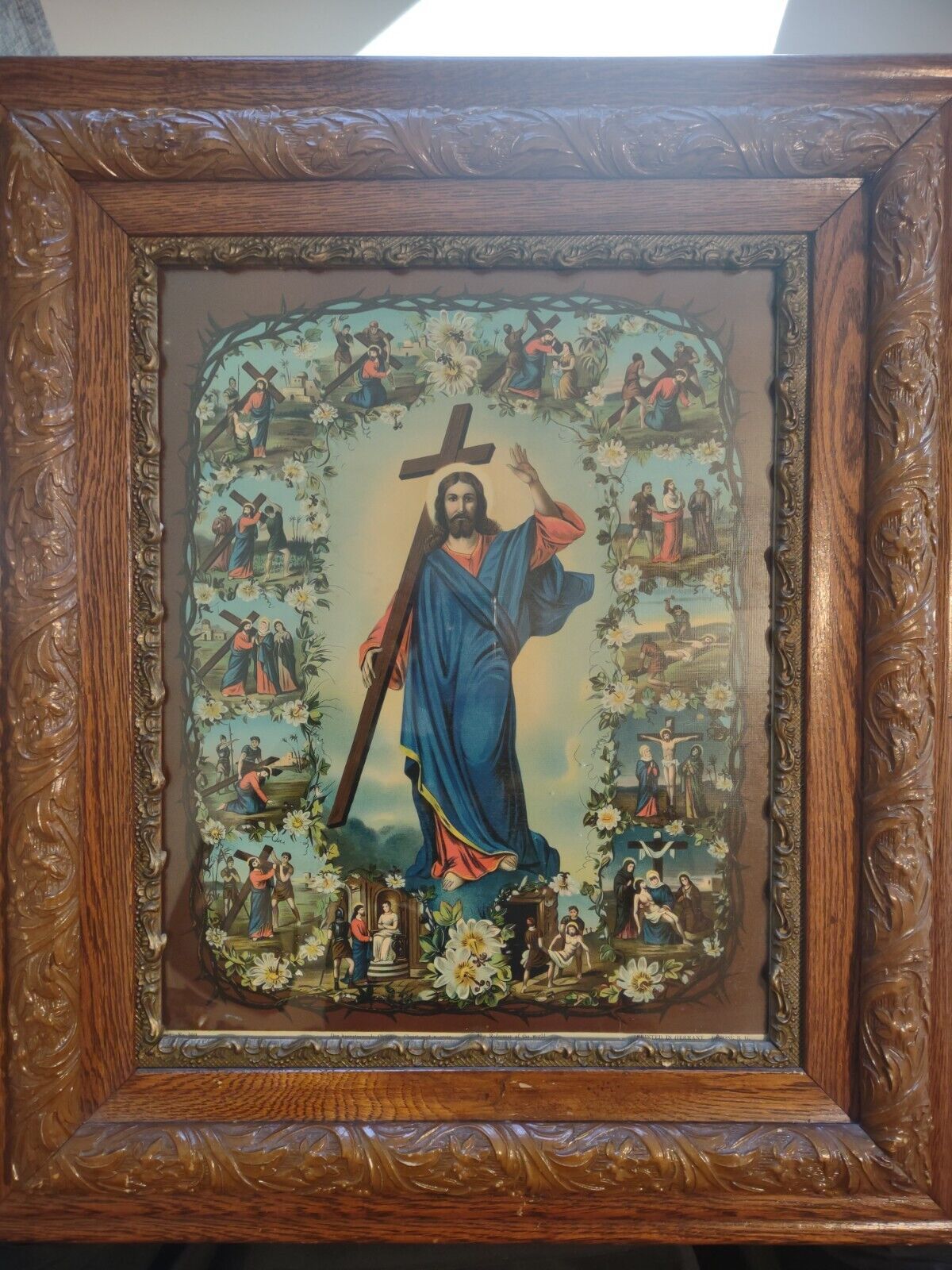 Beautifully Framed German Antique Jesus & Stations of The Cross Print 26” X 30”