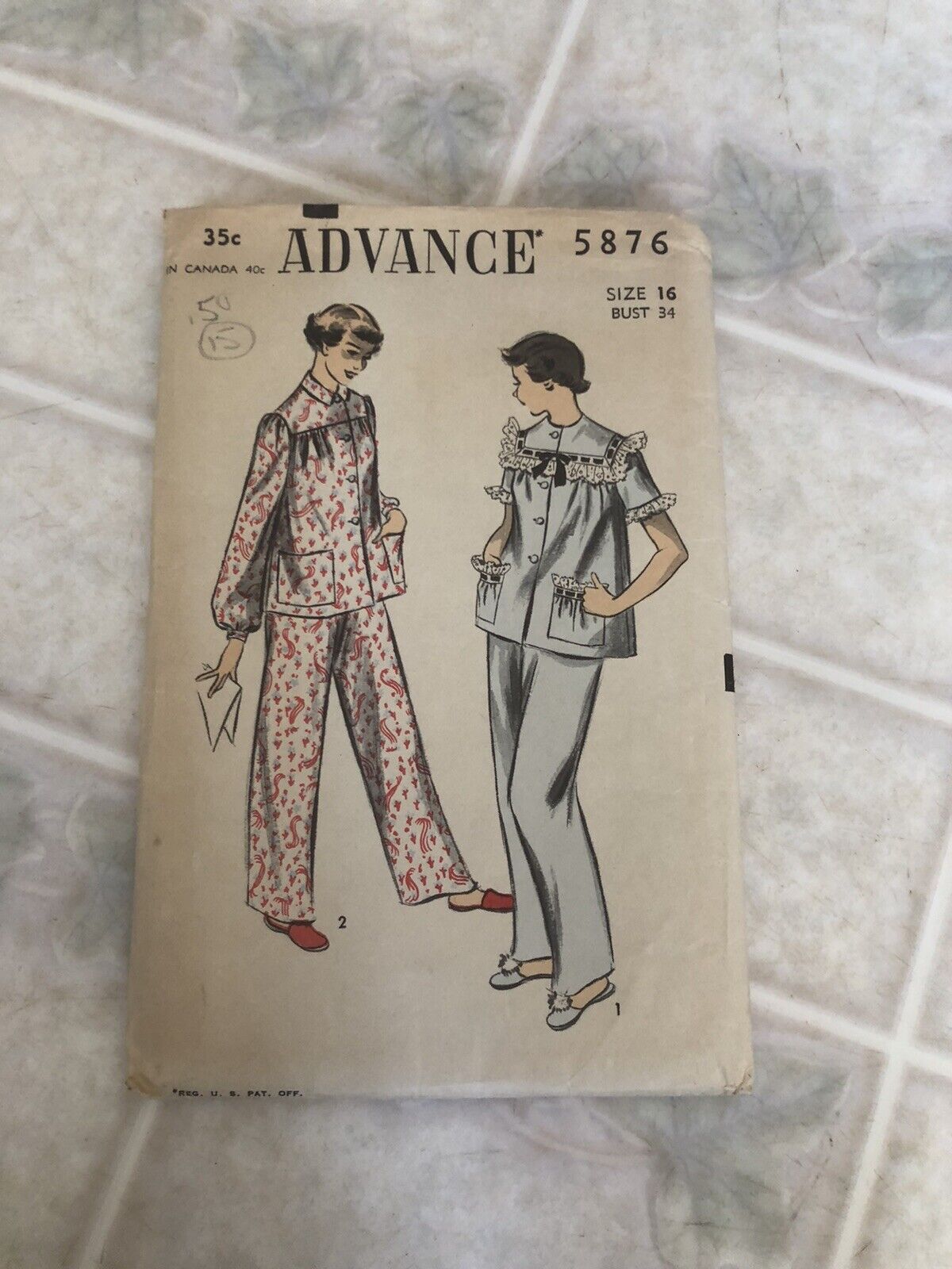 VTG 1950s Sewing Pattern Advance #5876 Pajamas Size 16 Bust 34 uncut