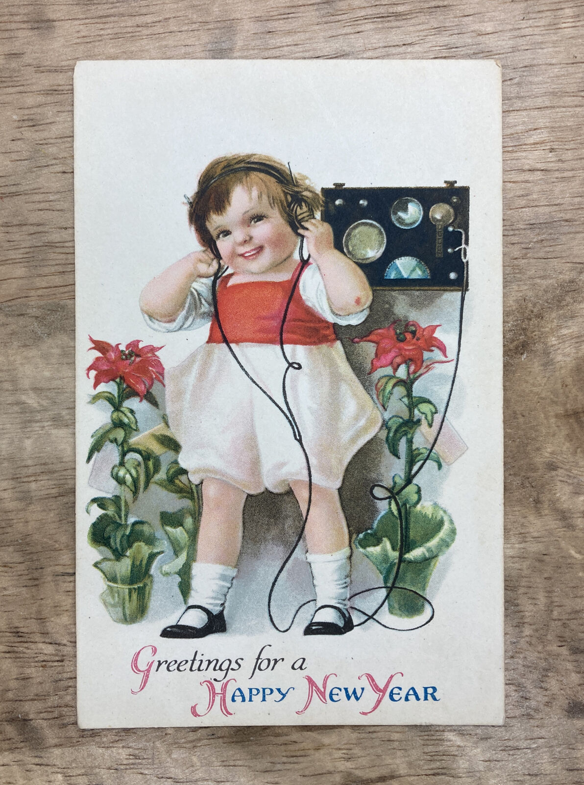Vintage 1910\'s Wolf Publishing Christmas Postcard Cute Child Radio Headphones