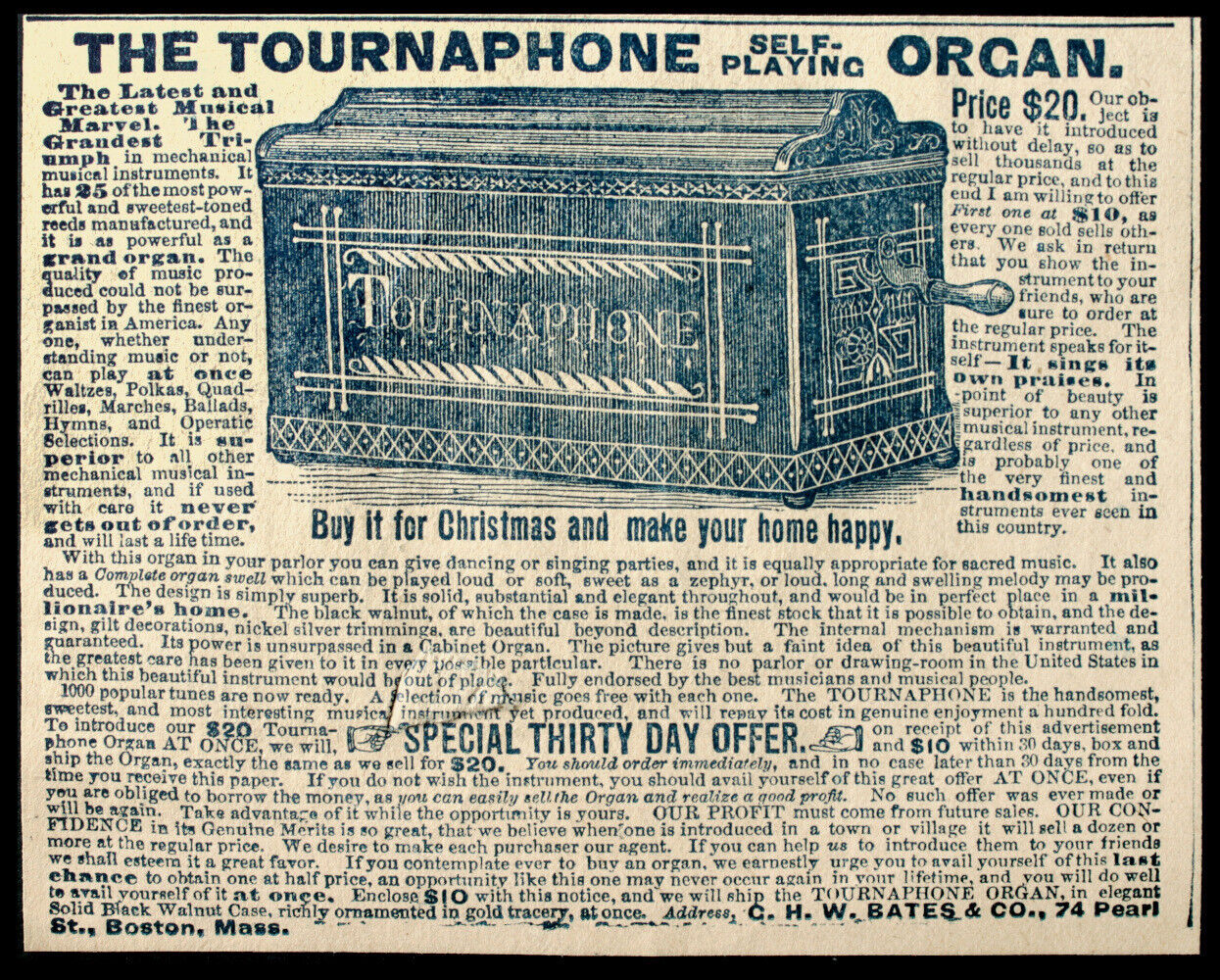 VERY RARE 1891 TOURNAPHONE SELF-PLAYING ORGAN Original Old Antique Vtg PRINT AD