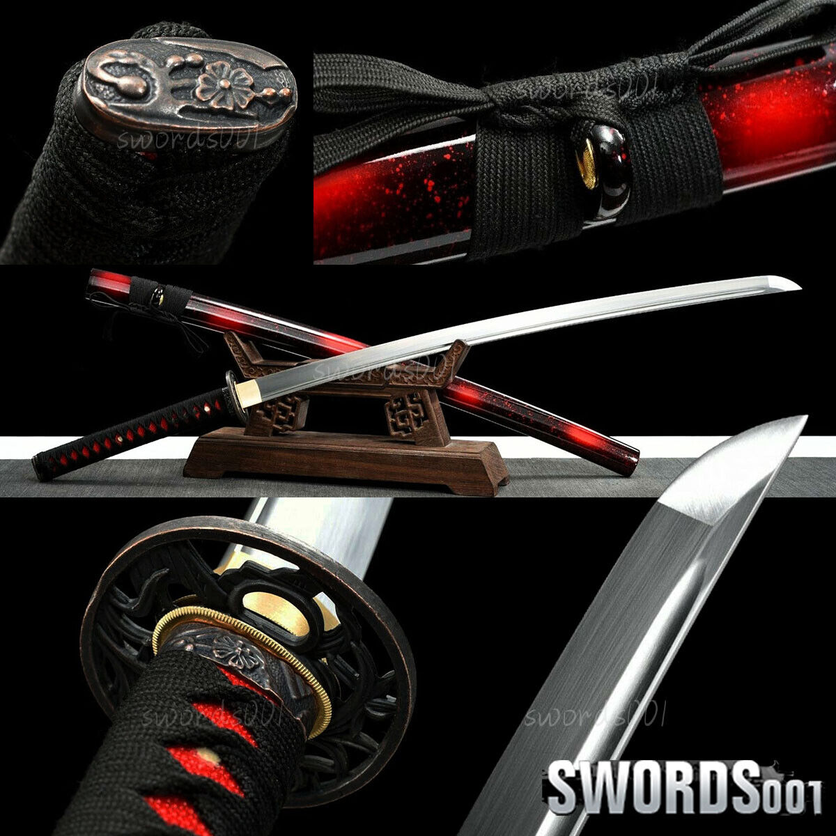 elegant black & red saya japanese sword samurai katana carbon steel sharp blade