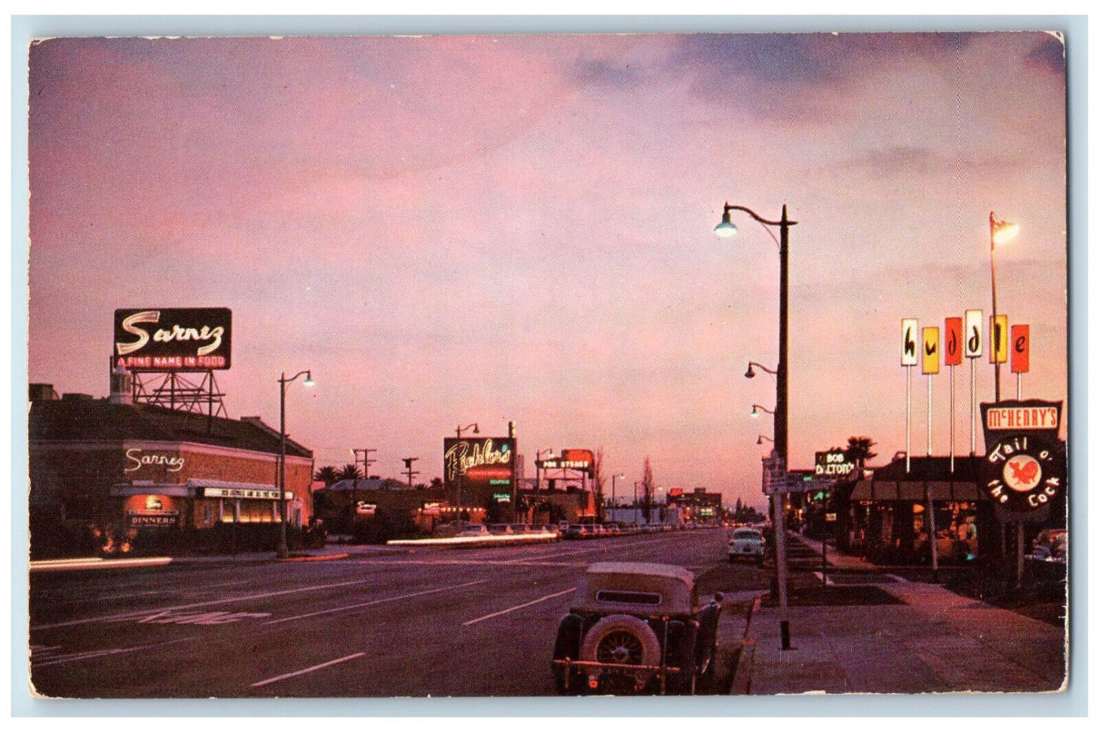 c1950's Street Lights Restaurant Row, La Cienaga Blvd Los Angeles CA Postcard