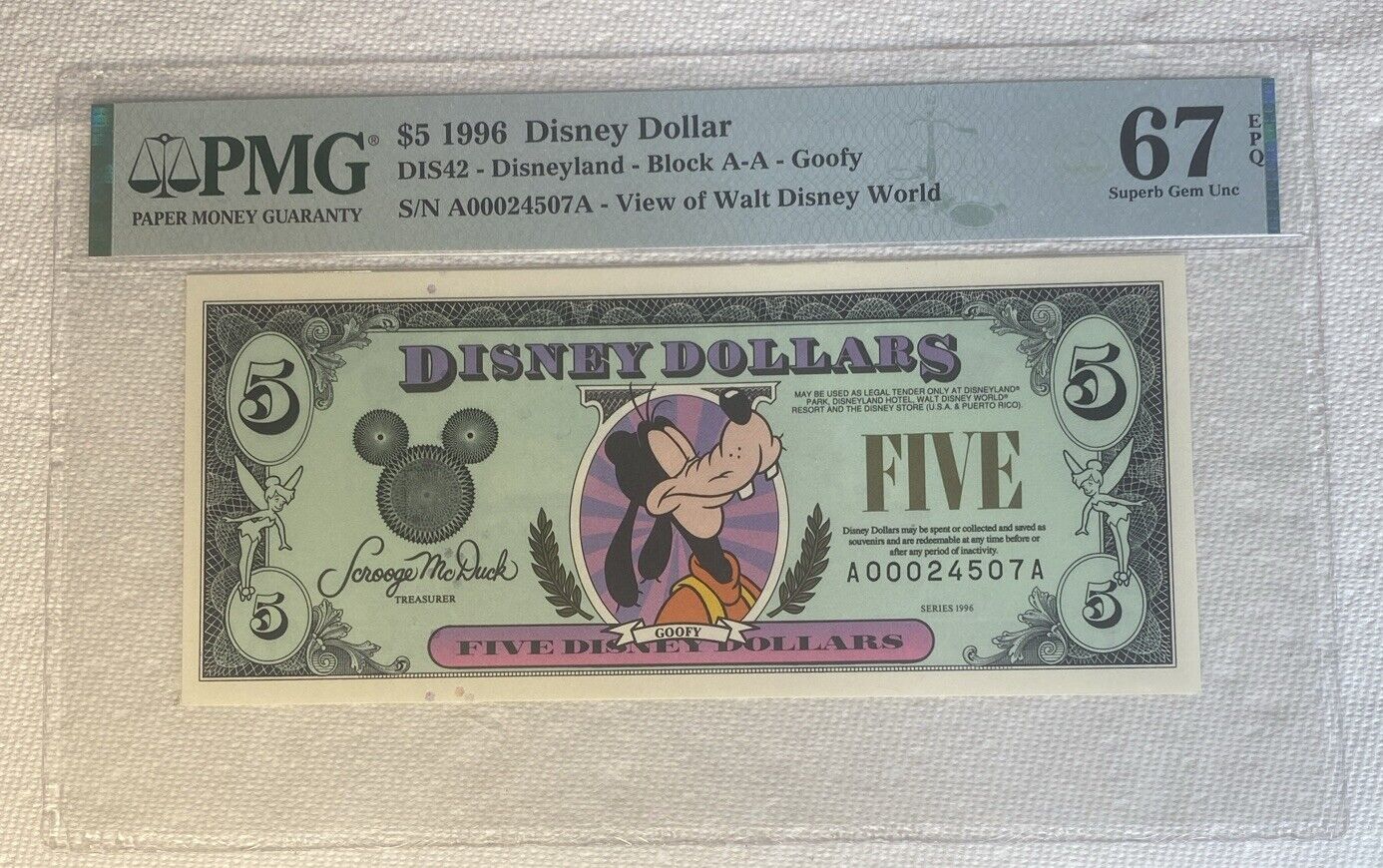 1996 $5 Goofy Block A-A Disneyland PMG 67