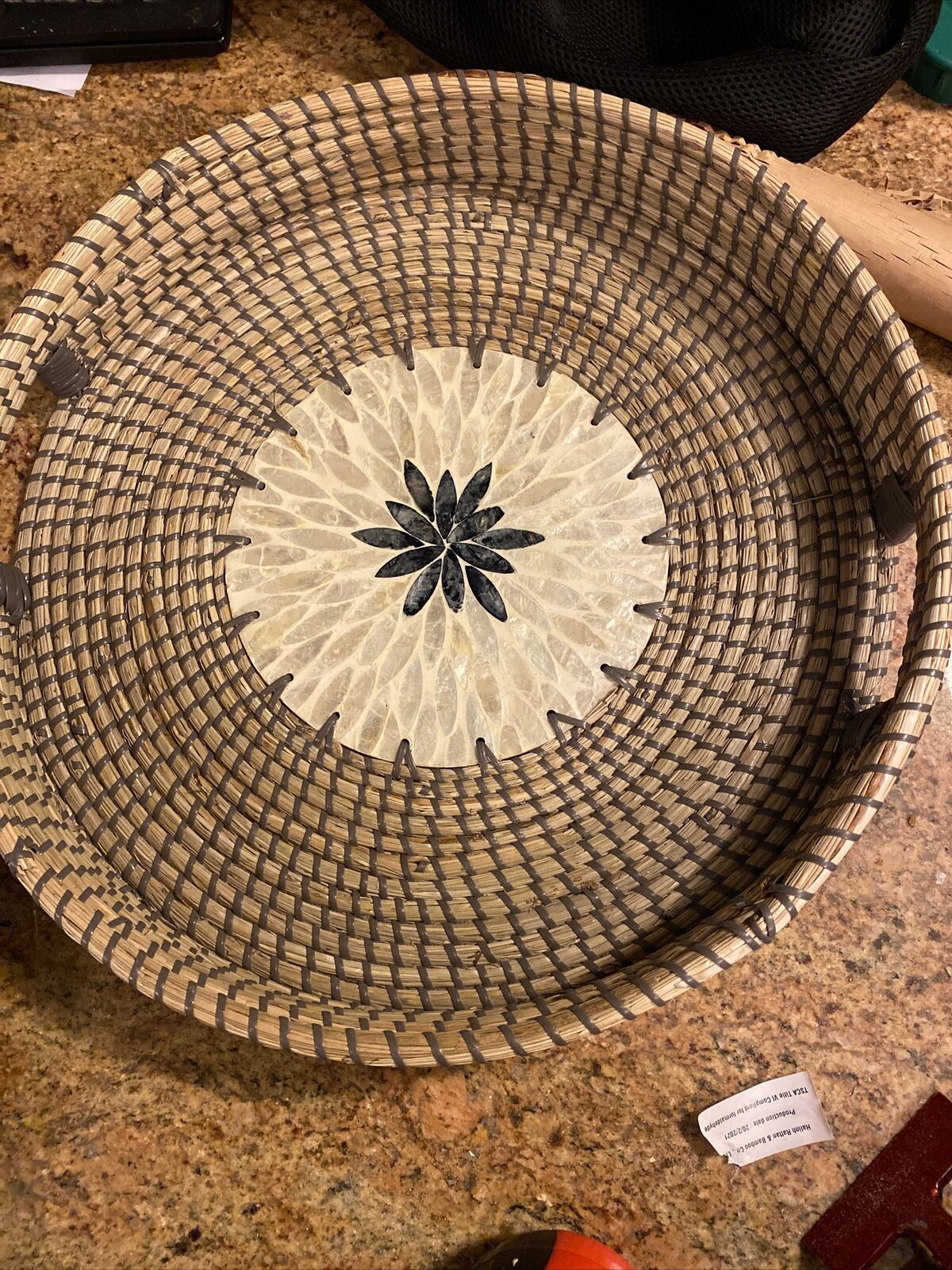 Sweetgrass Fruit & Bread Tray With Shell Like Inlay, Double Handled Rattan Weave
