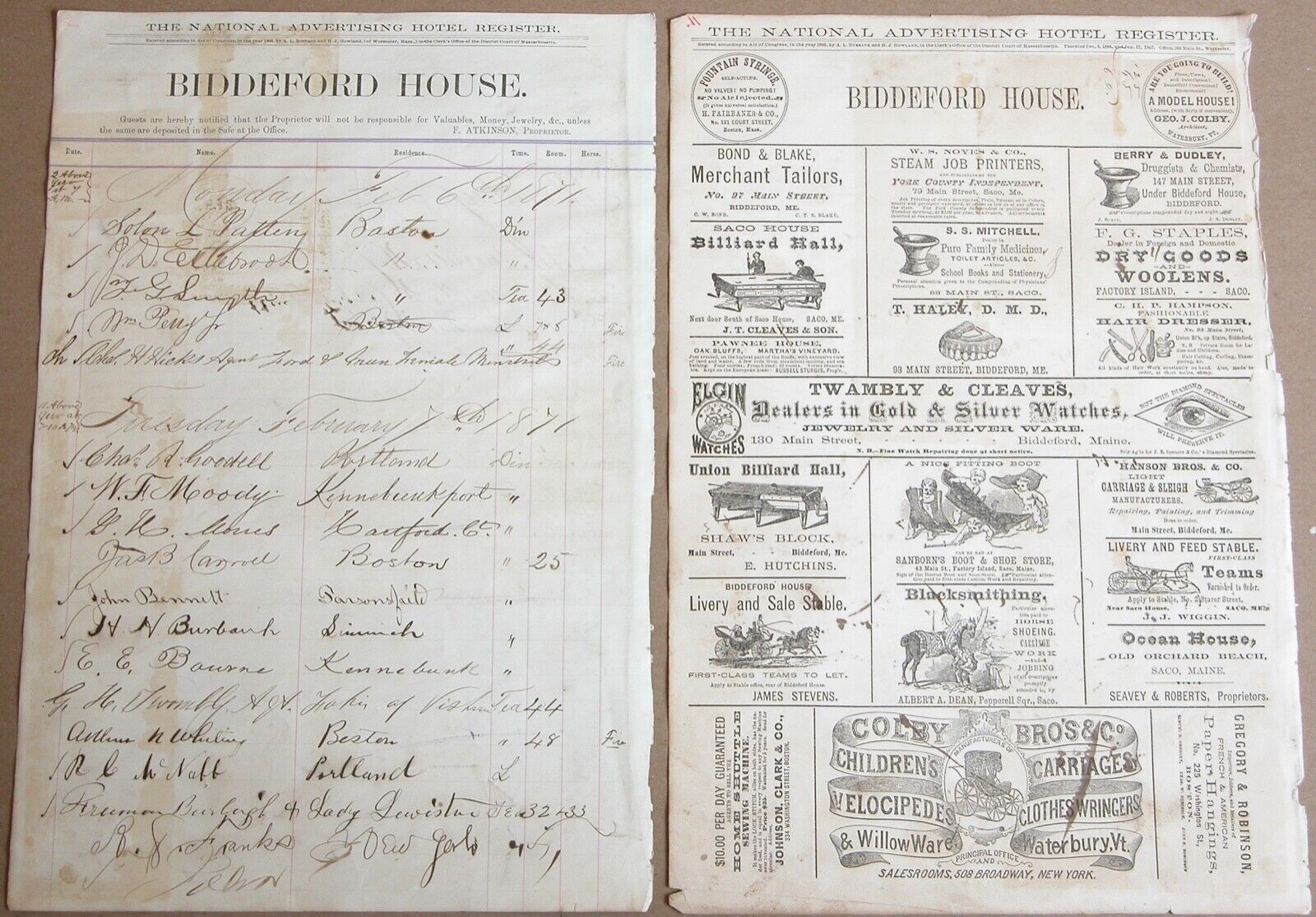 c. 1870s BIDDEFORD HOUSE ME National Advertising Hotel Register + Signatures