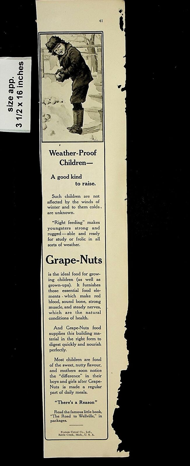 1911 Postum Cereal Grape Nuts Weather Proof Children Vintage Print Ad 18893