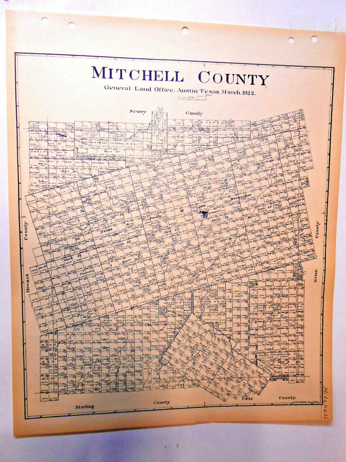Old Mitchell County Texas Land Office Owner Map  Colorado City Westbrook Loraine