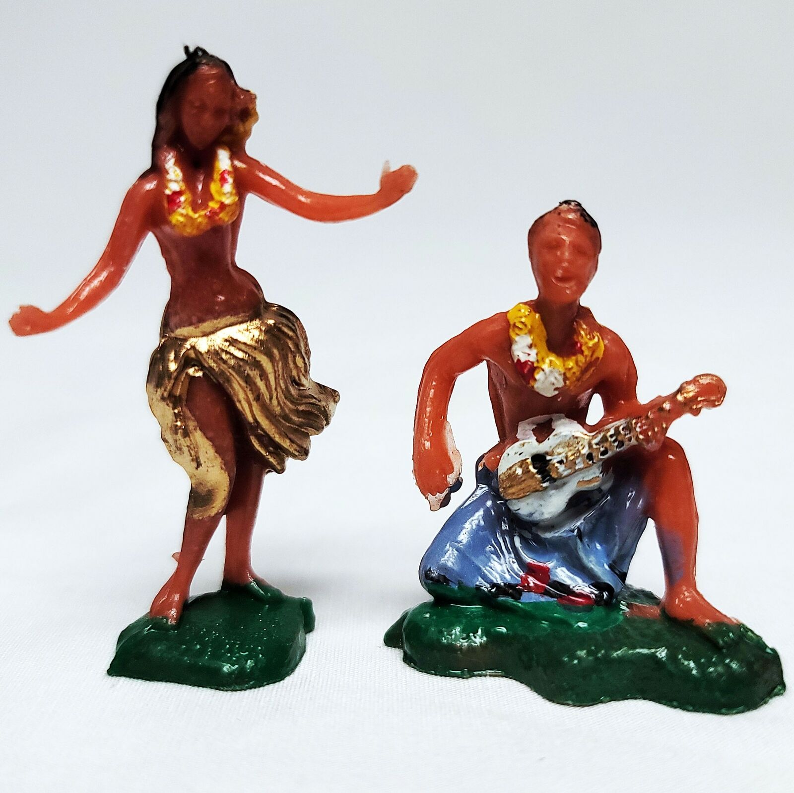 Vintage Hawaii Hawaiian Guitar Ukulele Luau Hula Dancer Miniature Figures 2pcs