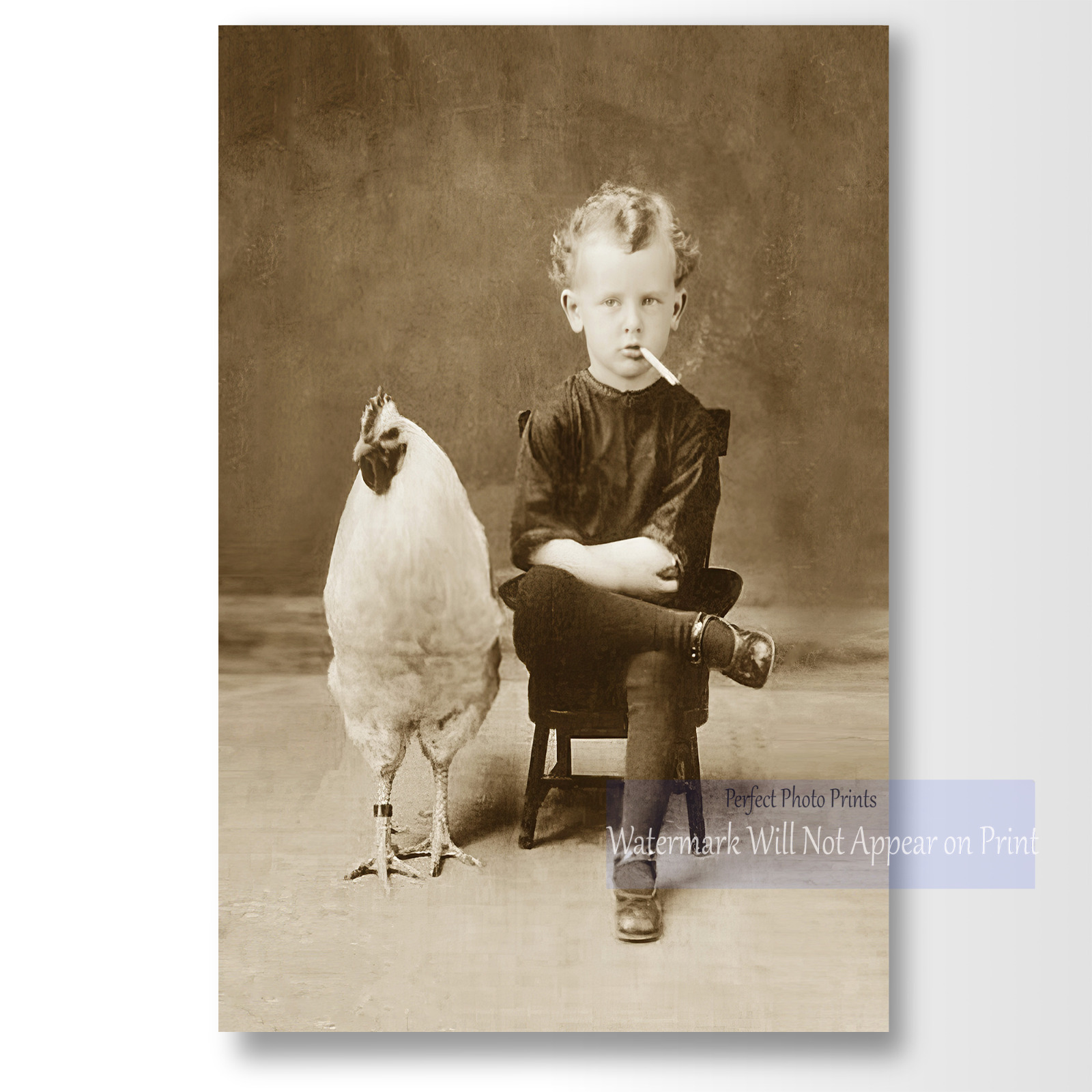 Odd Weird -Vintage Photo Print - Boy Smoking on Chair with Chicken Companion