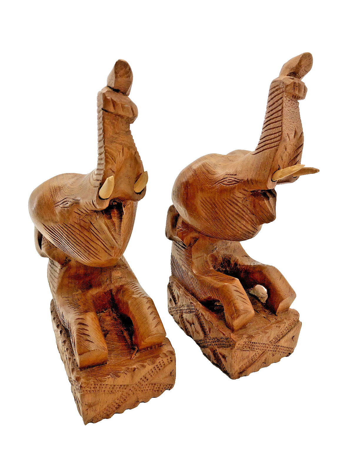 Vintage Elephant Hand Carved Bookends Pair Teak Wood Good Luck Trunk Up Thailand