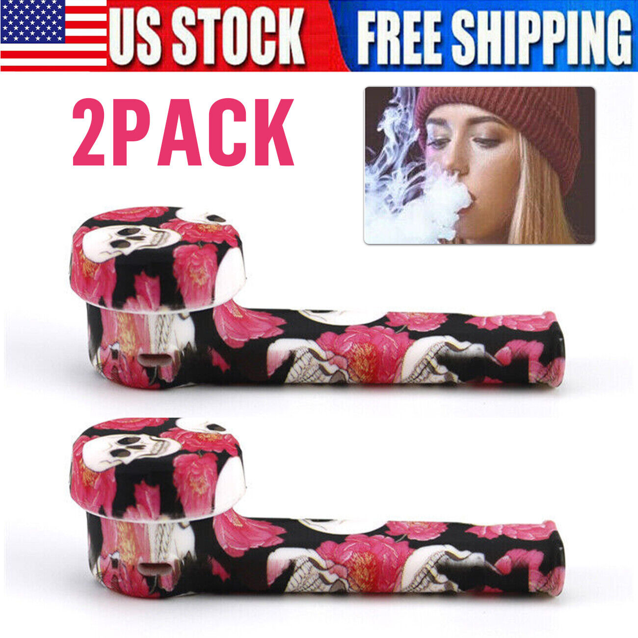 Two Pack Silicone Rubber Tobacco Pipe with Glass Bowl & Cap Lid Portable Cheap