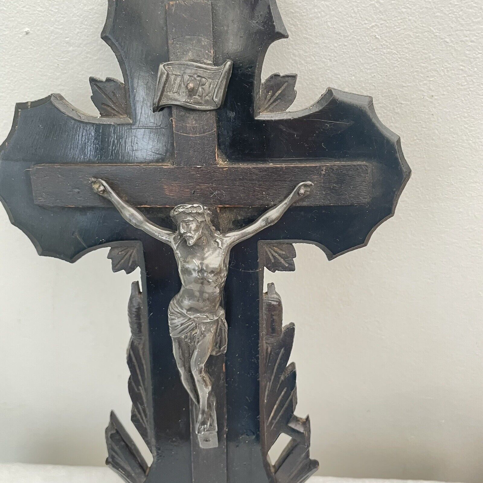 11” Antique French Cross Crucifix Wood Solid Black Forest Germany Wall Christ