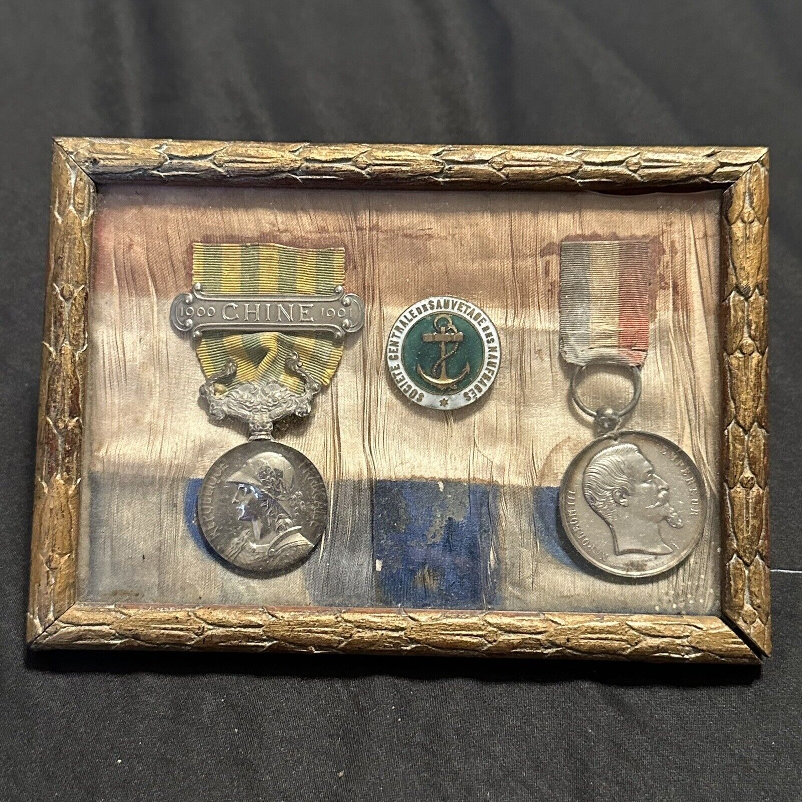 Original French Framed Medals China 1901 Boxer War Life Saving Sterling 