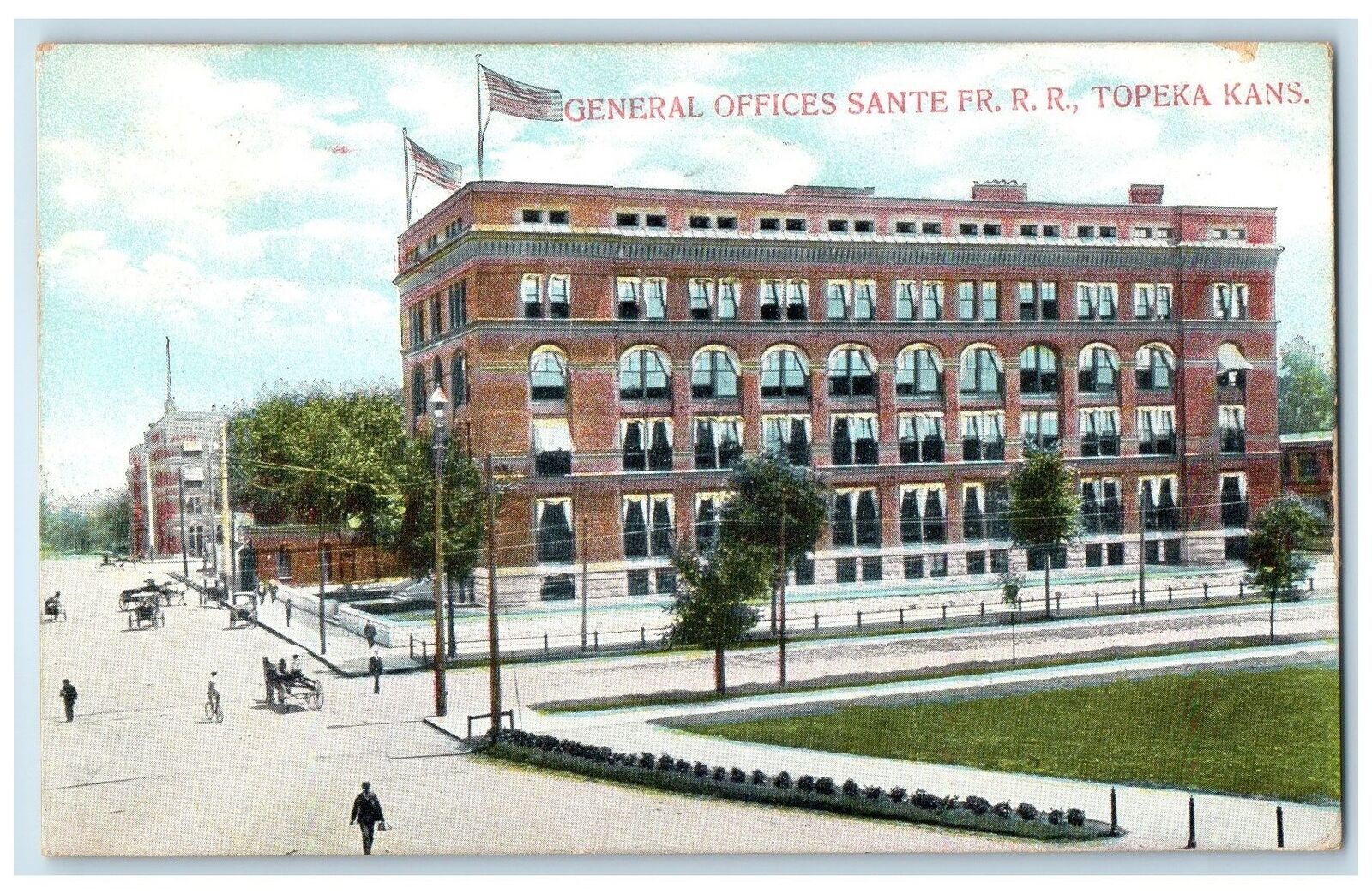1908 General Offices Sante FR Rail Road Building Carriage Topeka Kansas Postcard
