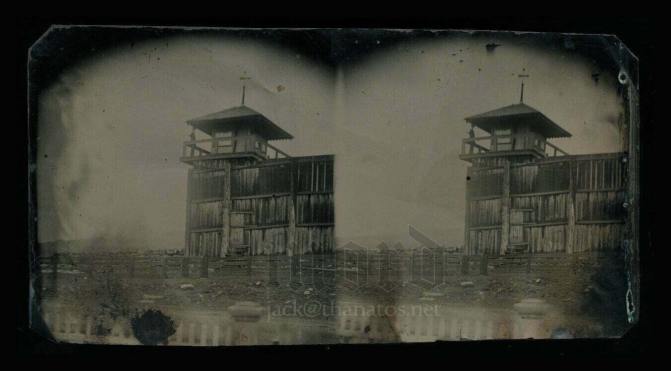 Rare Stereo 3D Antique 1860s Tintype Photo Civil War Jail Western Outpost?