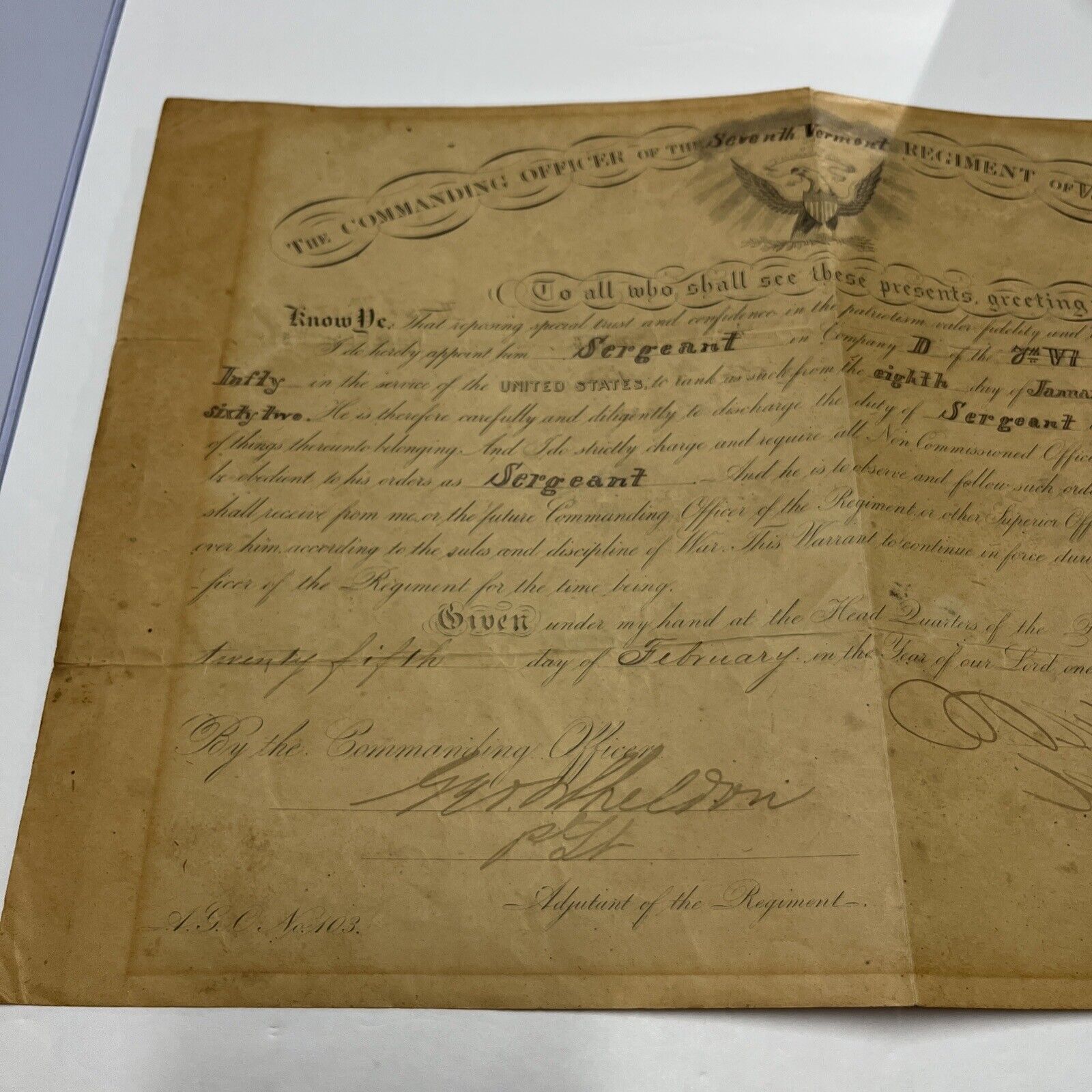 1864 Civil War Regimental Promotion Certificate 