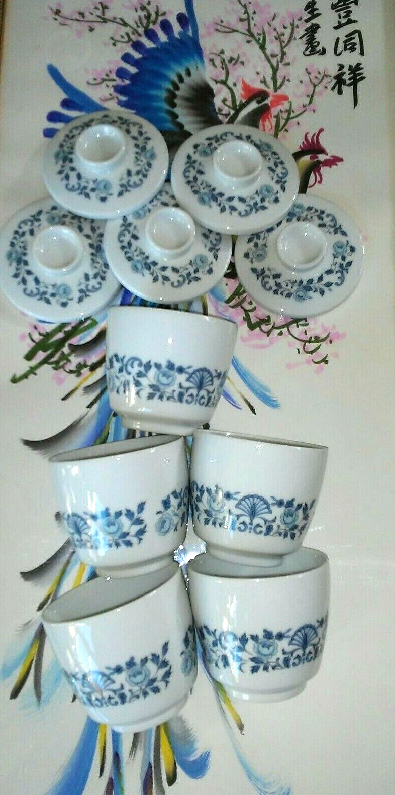 Noritake Nippon Toki Kaisha Japan Fine China Royal Blue Tea Cups w/lids Set5 VTG