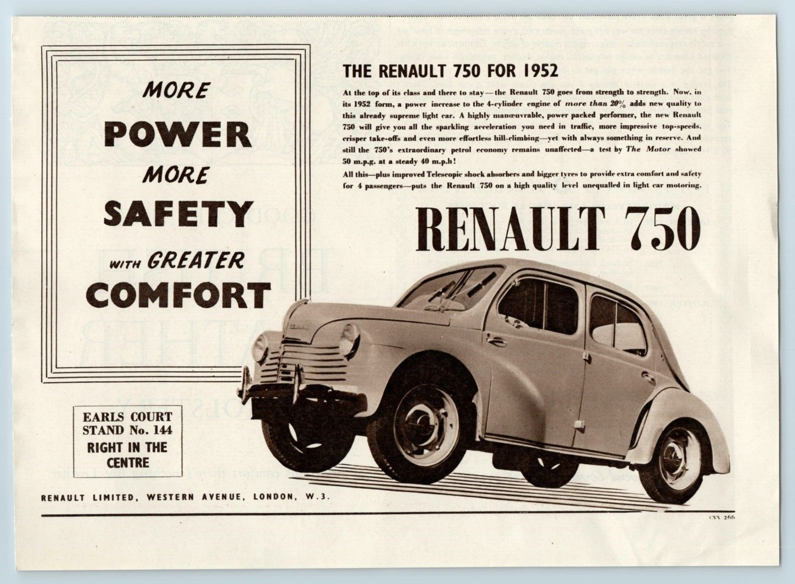 1951 Paper Ad, The Renault 750 for 1952, 20% More Power, London Earls Court Show