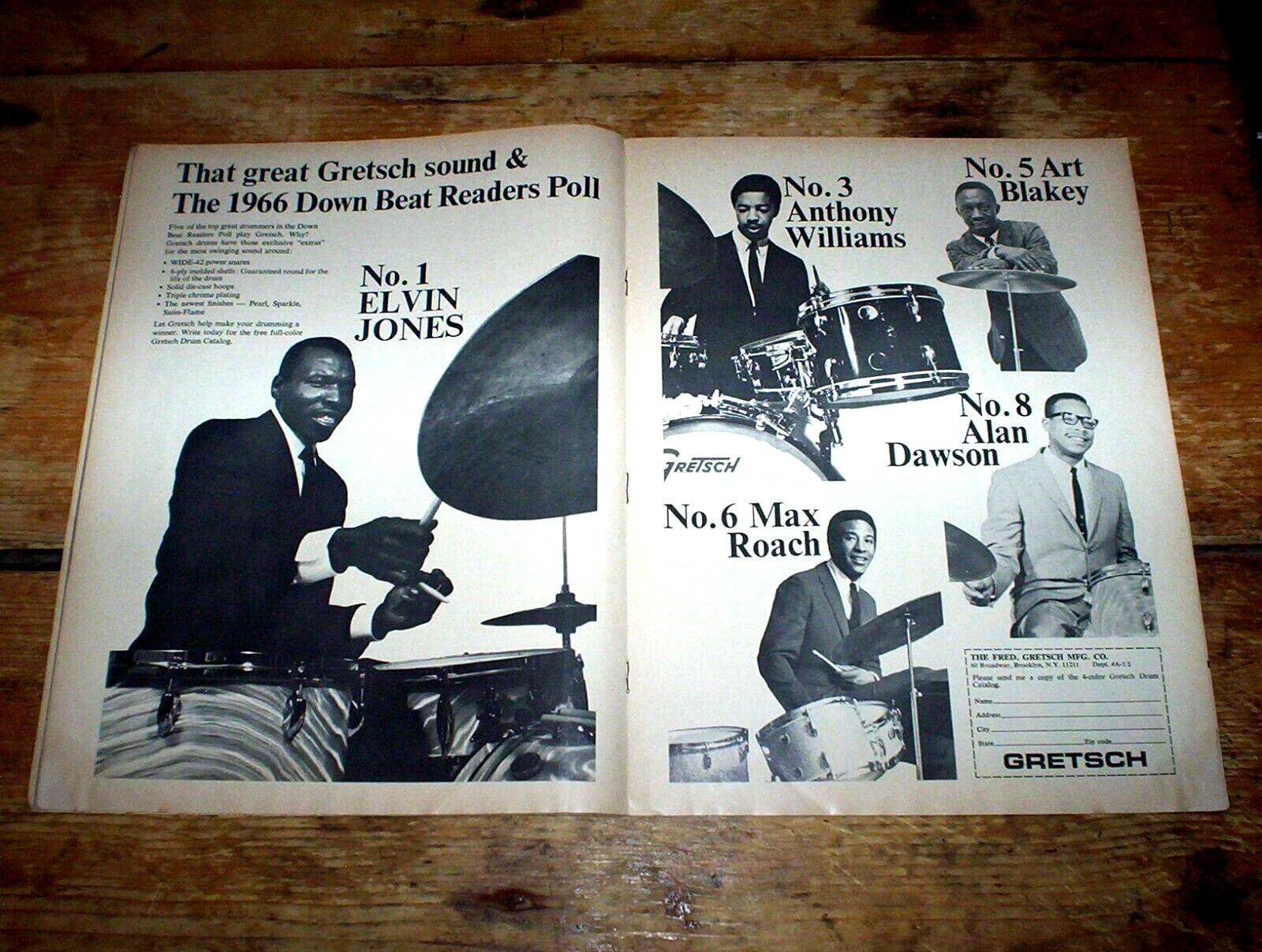 GRETSCH DRUMS (  ) 1966 2 pg PROMO Ad w/ ELVIN JONES Art Blakey MAX ROACH NM-