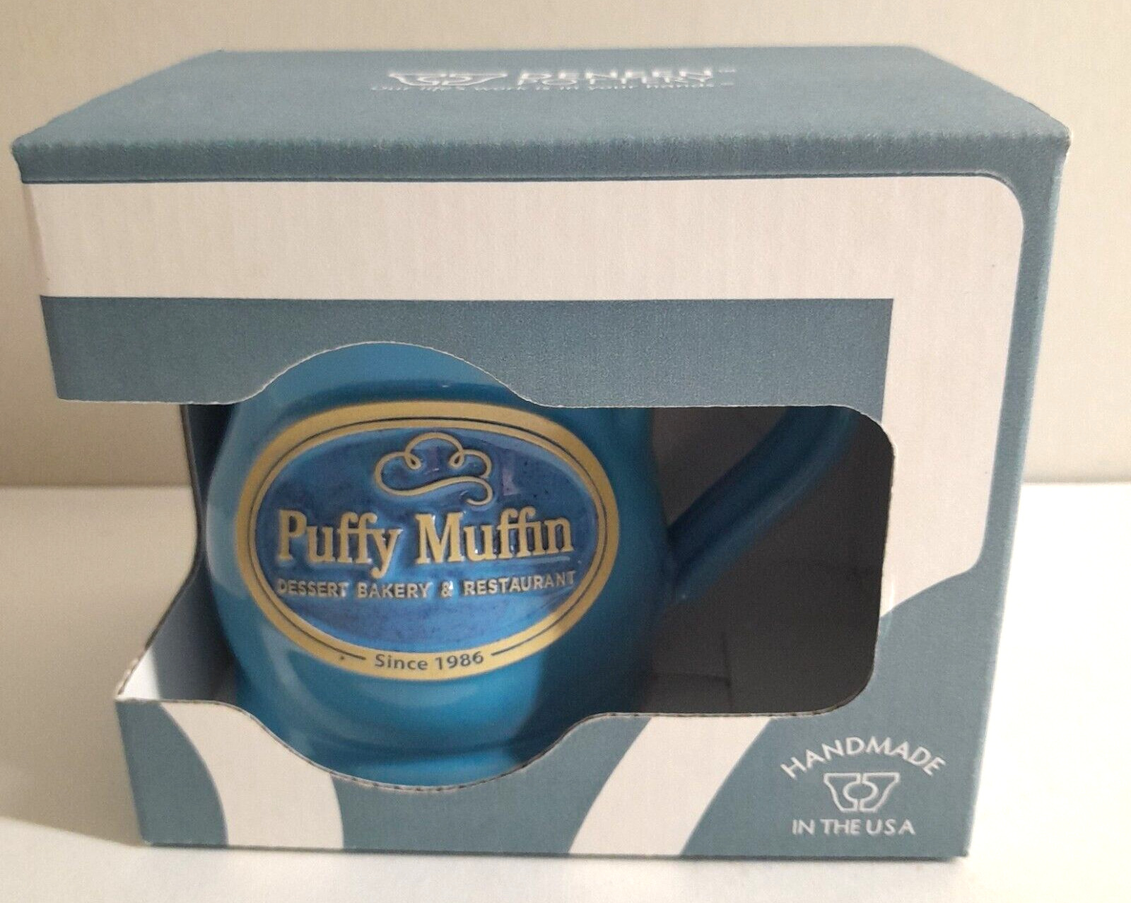 Deneen Pottery Coffee Mug Puffy Muffin 2014 Blue Handmade NIB